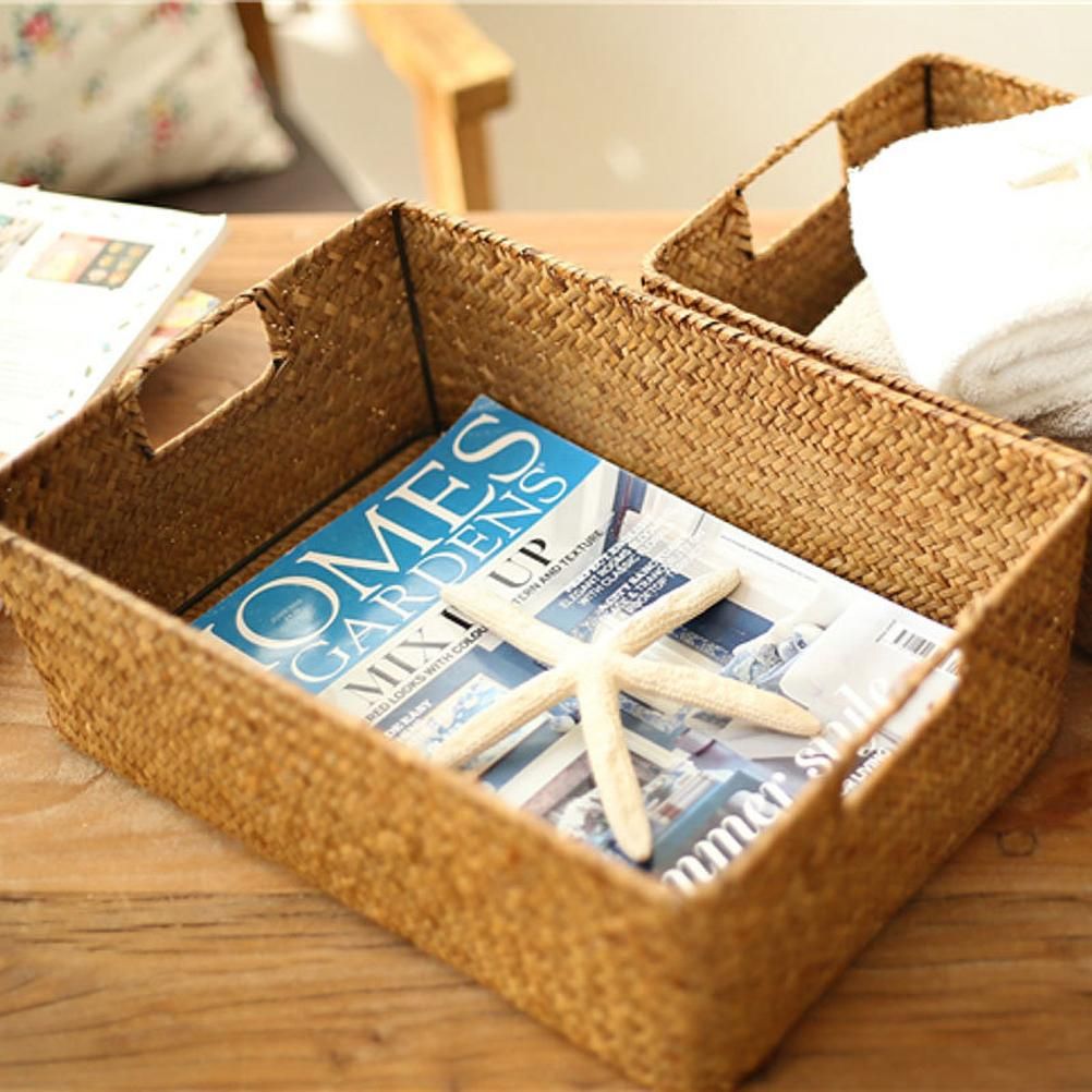 Handmade Seaweed Storage Basket Woven Storage Box with Handle for Home Kitchen view 5