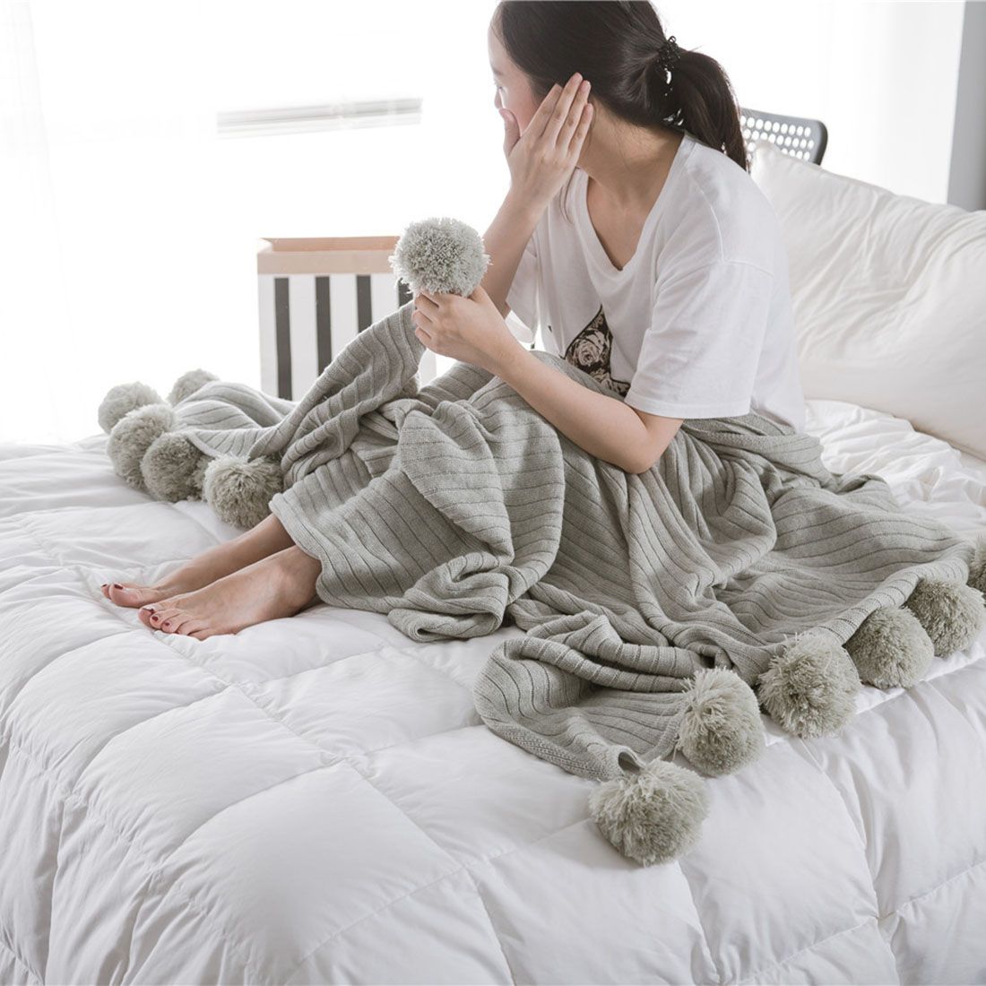 Throw Blanket Gray 90x90cm Cotton Knitted Pom Pom Throw Blanket for Sofa Bed — image 1