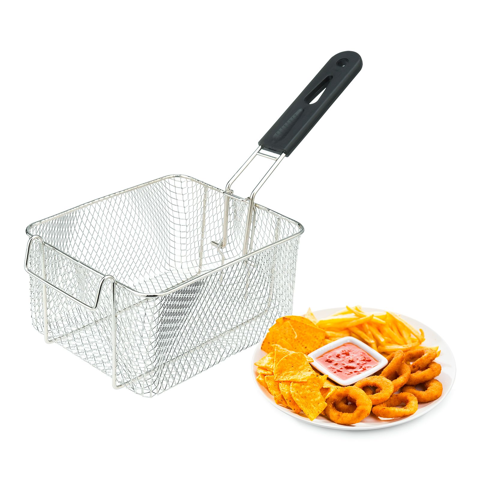 Mesh Frying Basket Stainless Steel Square Oil Filtering Fry Basket with Handle
