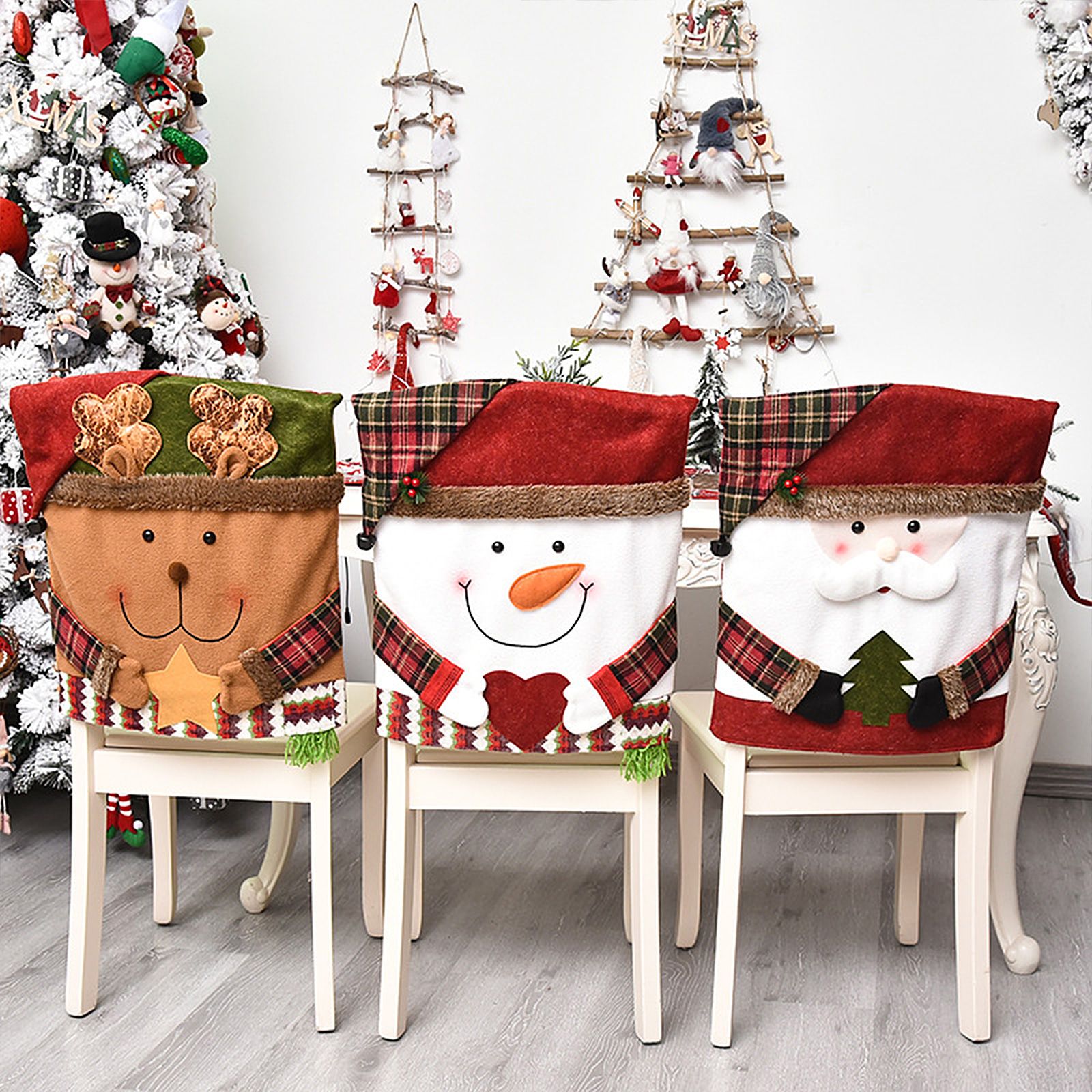 2PCS Xmas Chair Back Cover Cartoon Soft Reusable Removable Snow Man Chair view 3