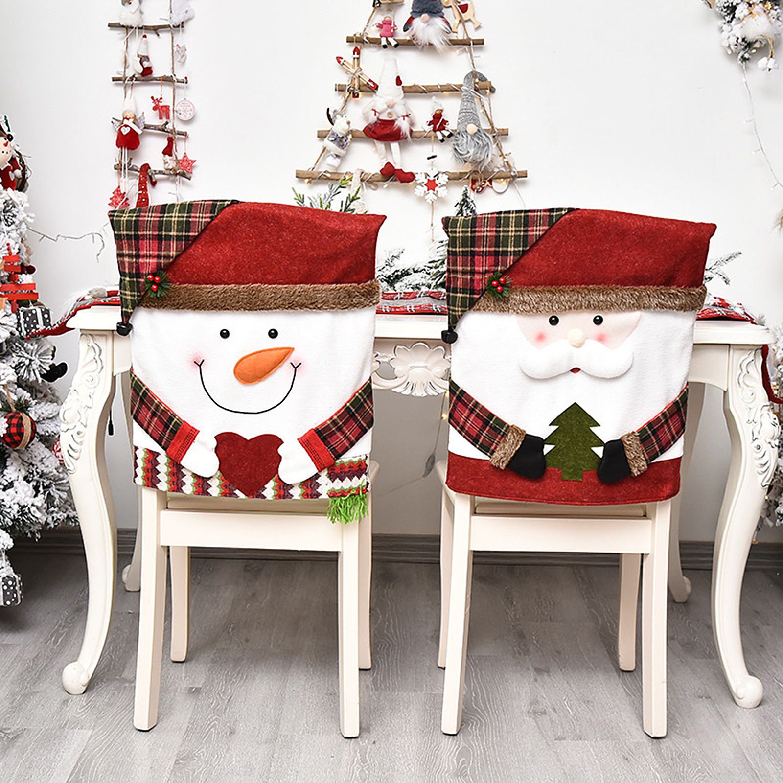 2PCS Xmas Chair Back Cover Cartoon Soft Reusable Removable Snow Man Chair view 4