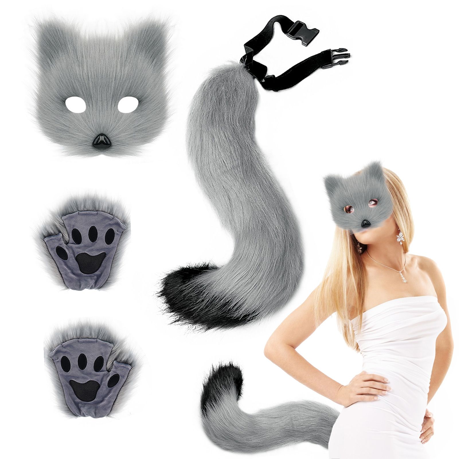 3 Pcs Set Festival Animal Mask Gloves Plush Animal Tail Handmade Beast Tail — image 1