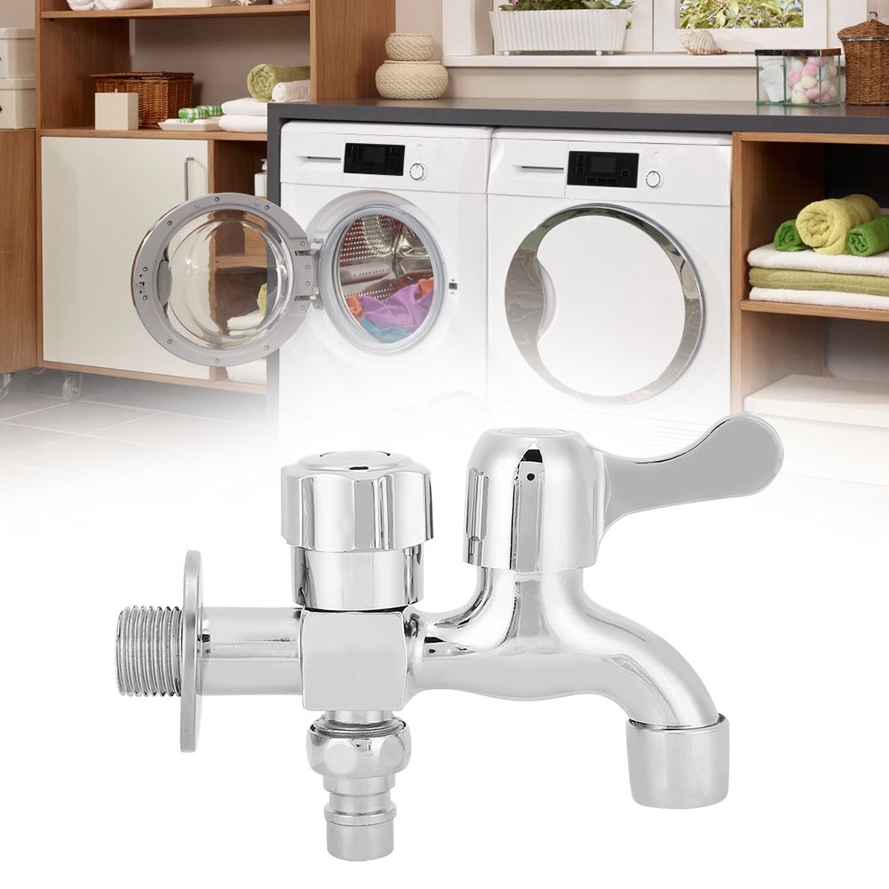 G1/2in Alloy Silver Wall In Double Water Outlet Tap Washing Machine Mop Pool view 3