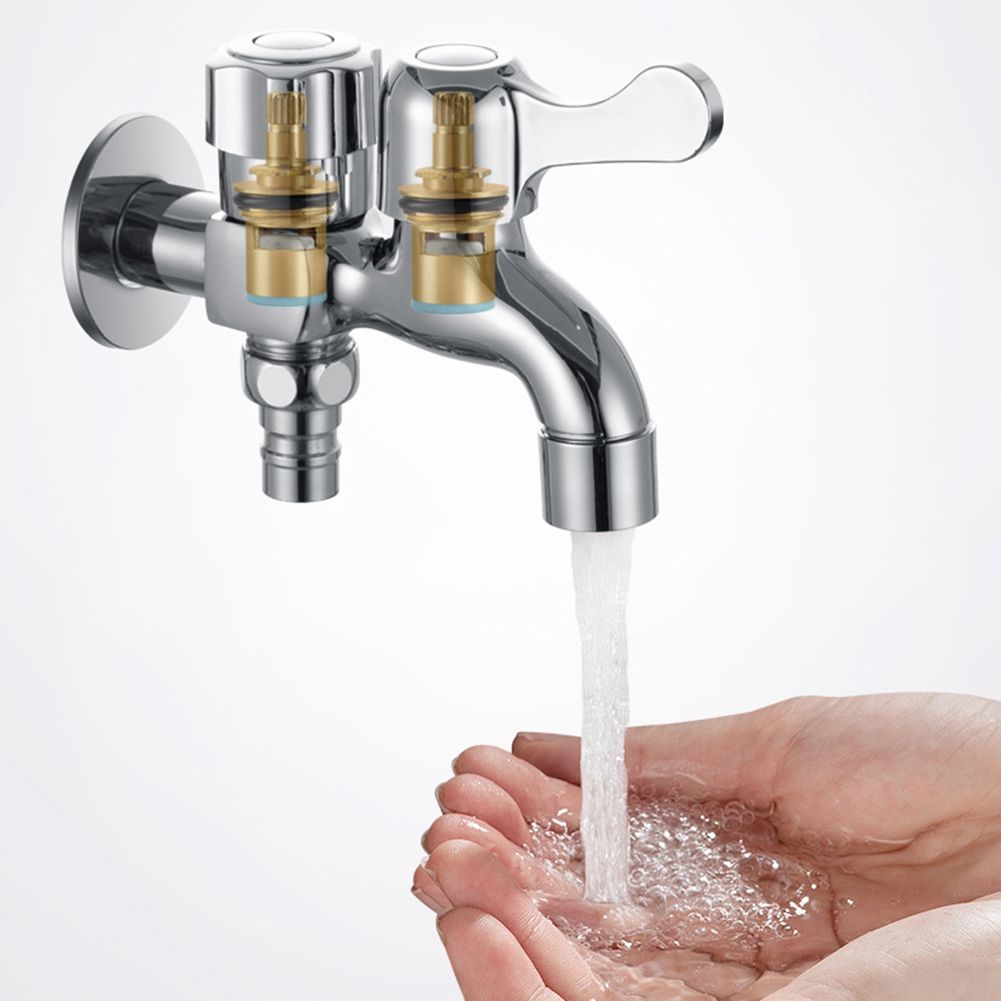 G1/2in Alloy Silver Wall In Double Water Outlet Tap Washing Machine Mop Pool view 4