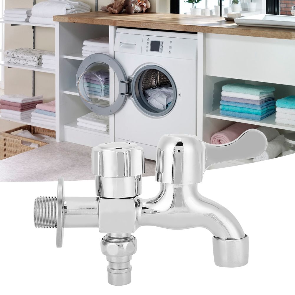 G1/2in Alloy Silver Wall In Double Water Outlet Tap Washing Machine Mop Pool view 6