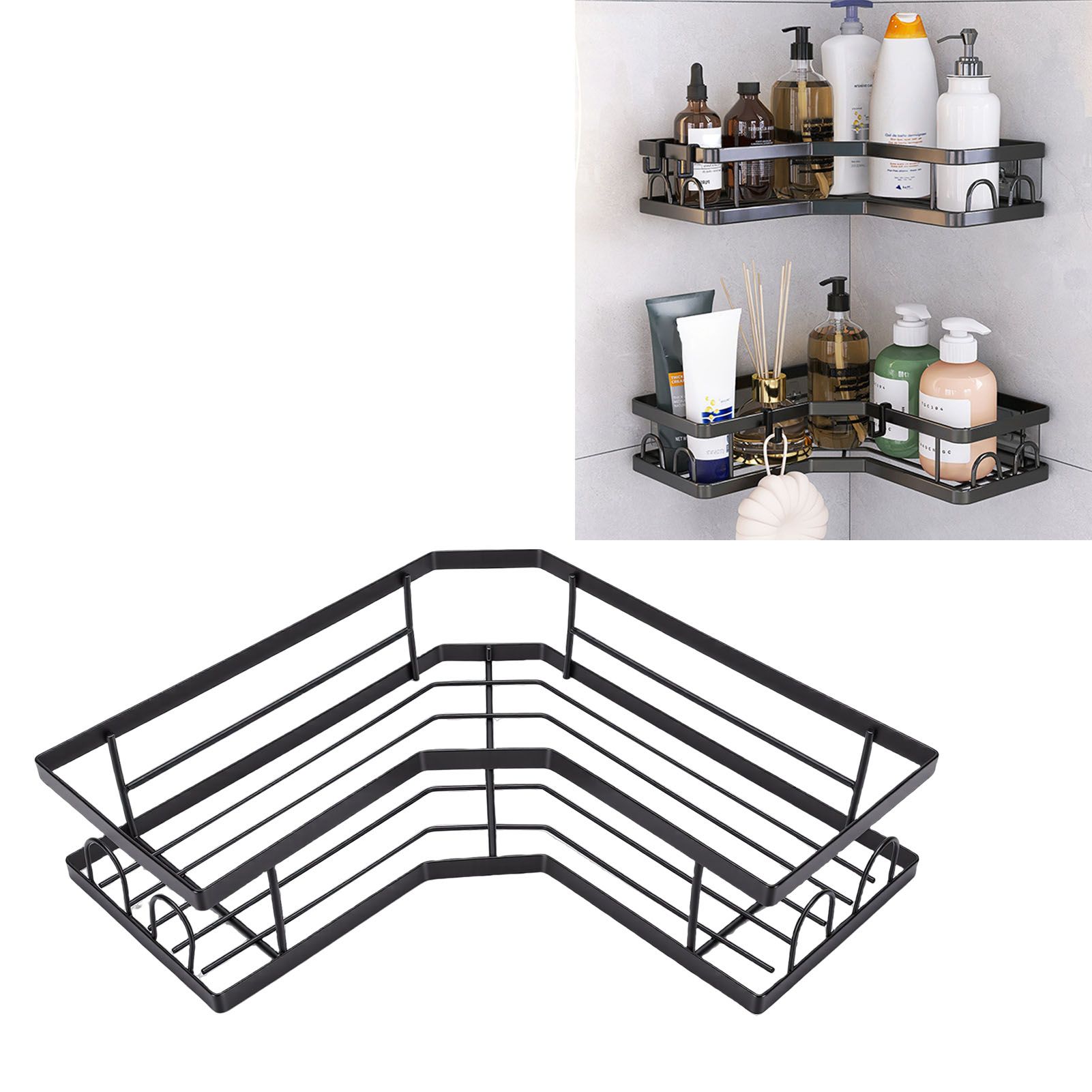 2PCS Corner Shower Shelf Adhesive Wall Mounted Shower Storage Rack with Hooks view 11