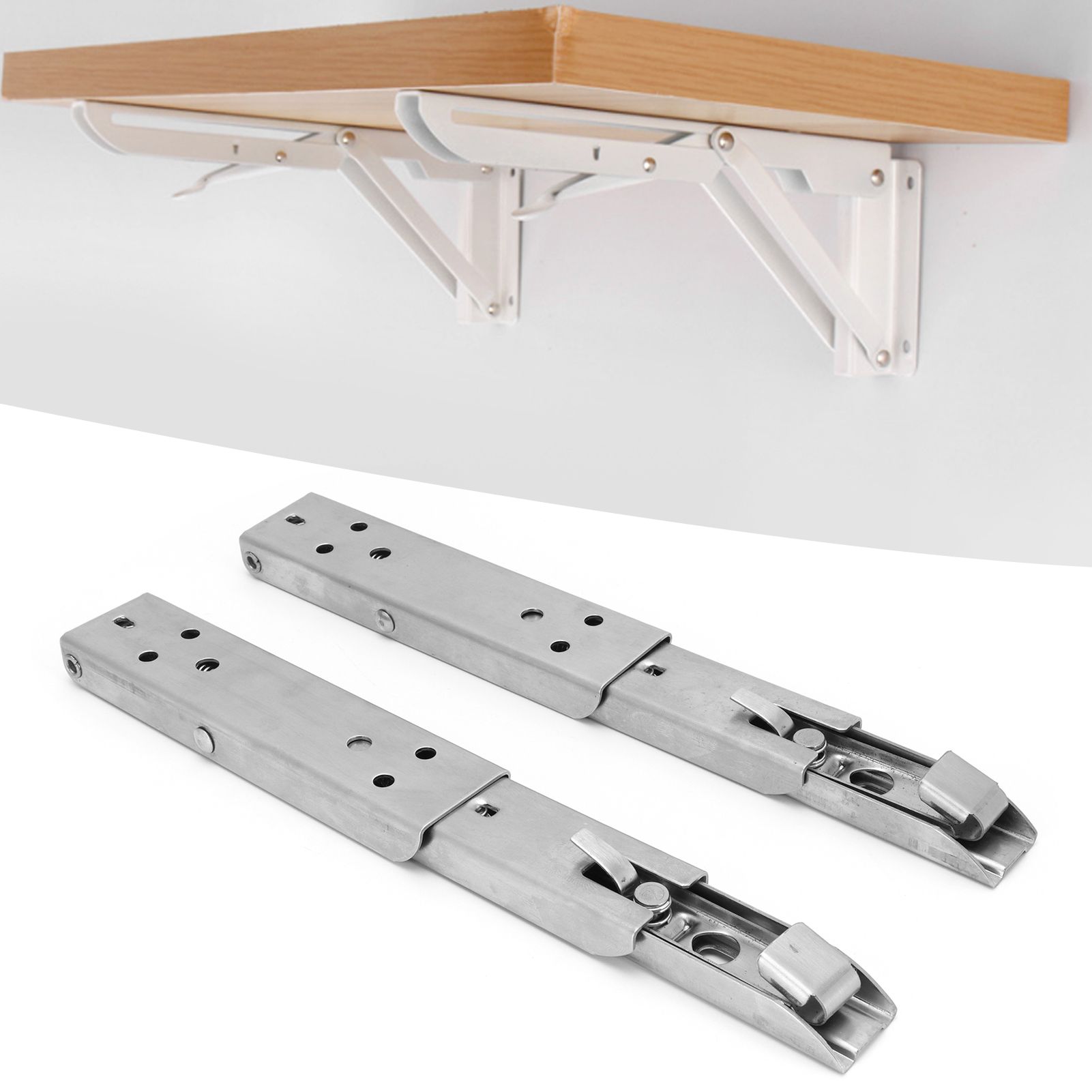 2Pcs Folding Shelf Bracket Stainless Steel Wall Mount Spring Loaded Support Rack view 12