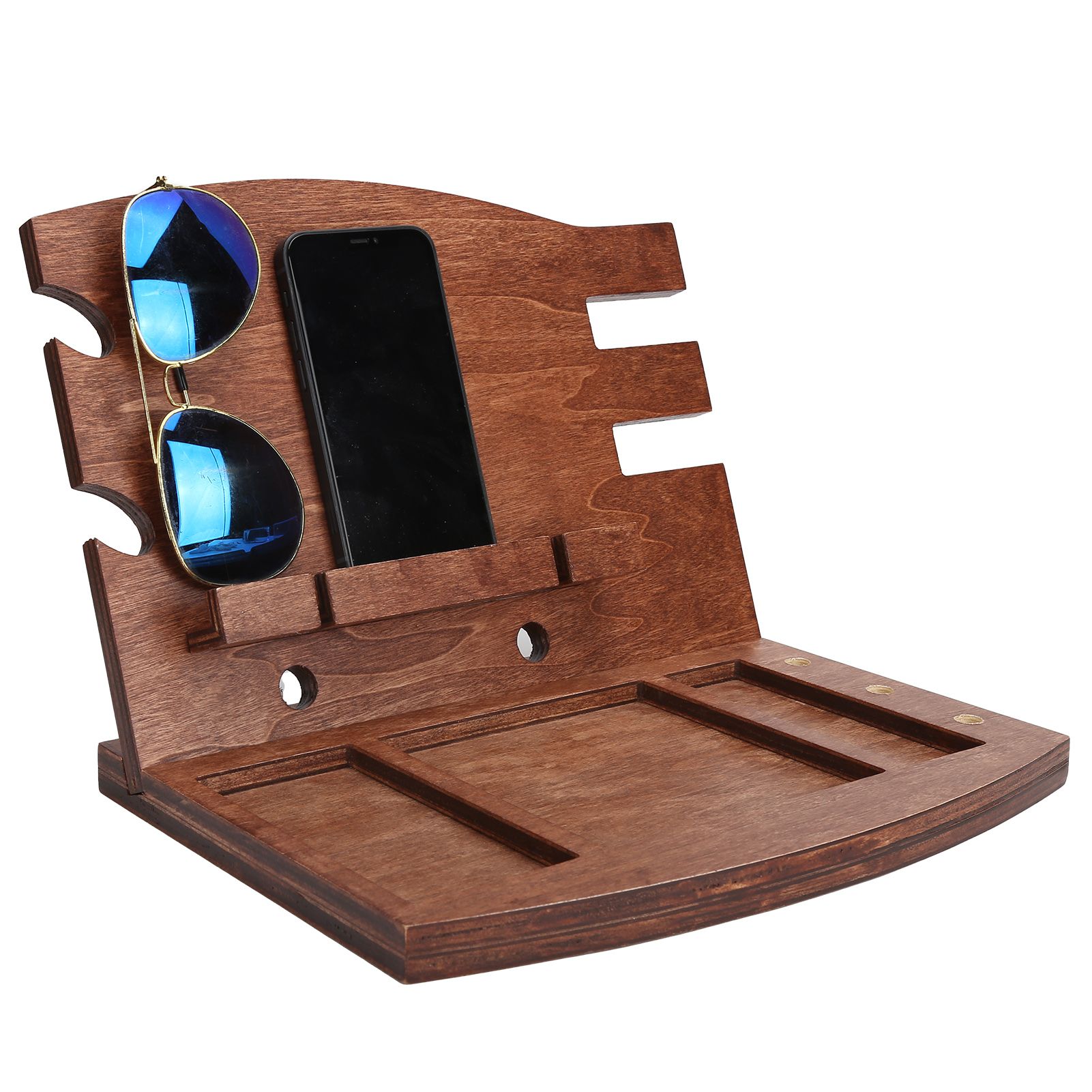 Wood Phone Docking Station Desk Storage Bracket Key Holder Wallet Stand Watch view 10