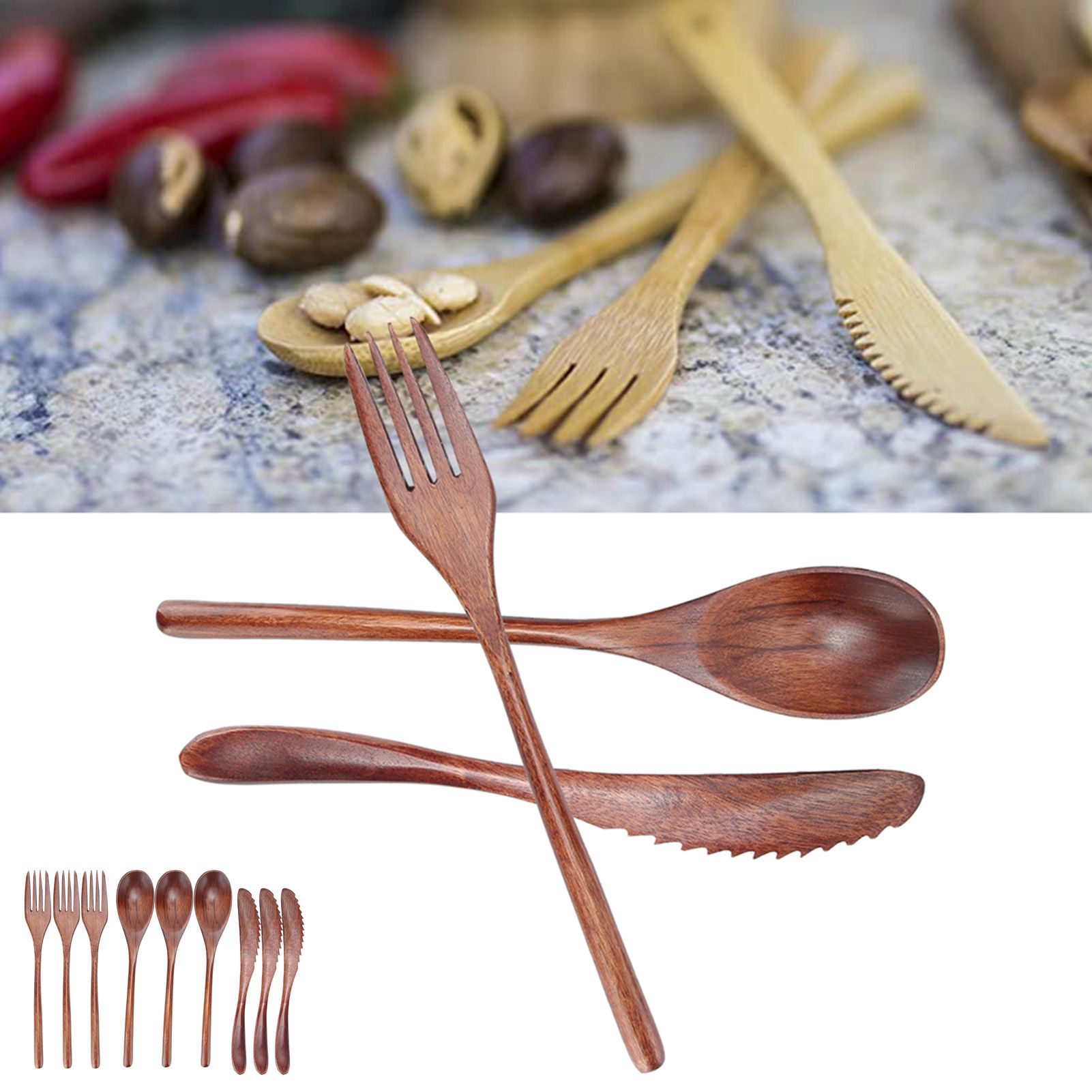 3Set Tableware Wooden Fork Spoon Knife Kit Kitchen Cutlery for Home Cafe view 9