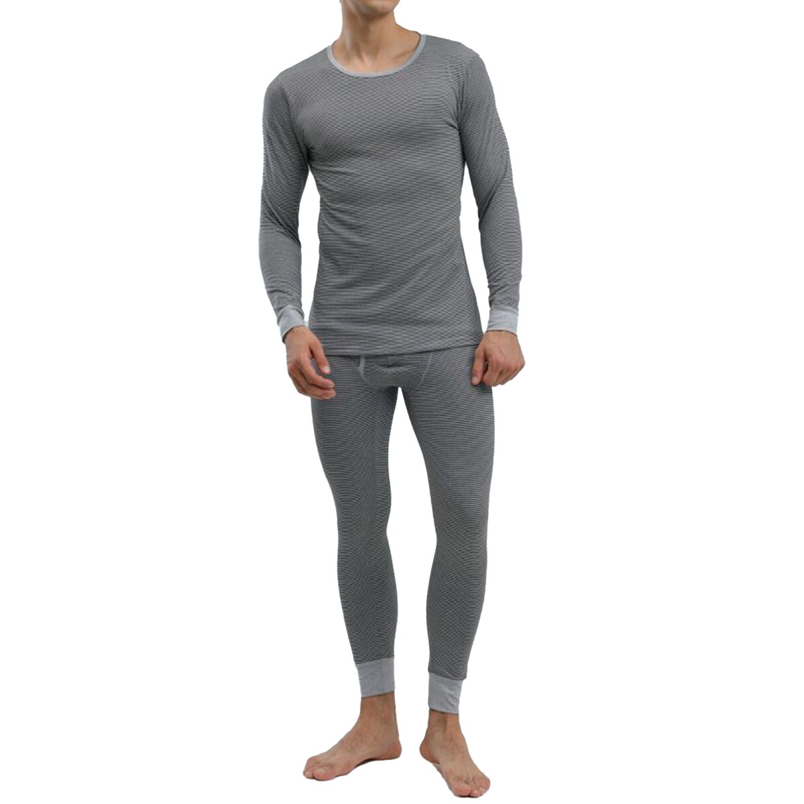 Thermal Underwear Set for Men Knit Horizontal Stripe Winter Warm Base Layer view 2
