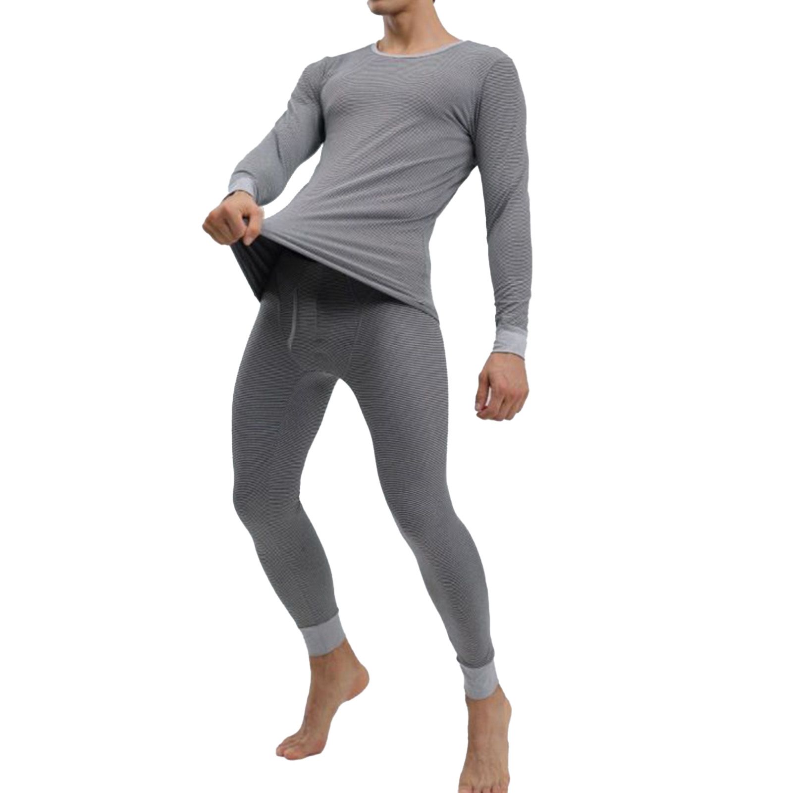 Thermal Underwear Set for Men Knit Horizontal Stripe Winter Warm Base Layer view 3