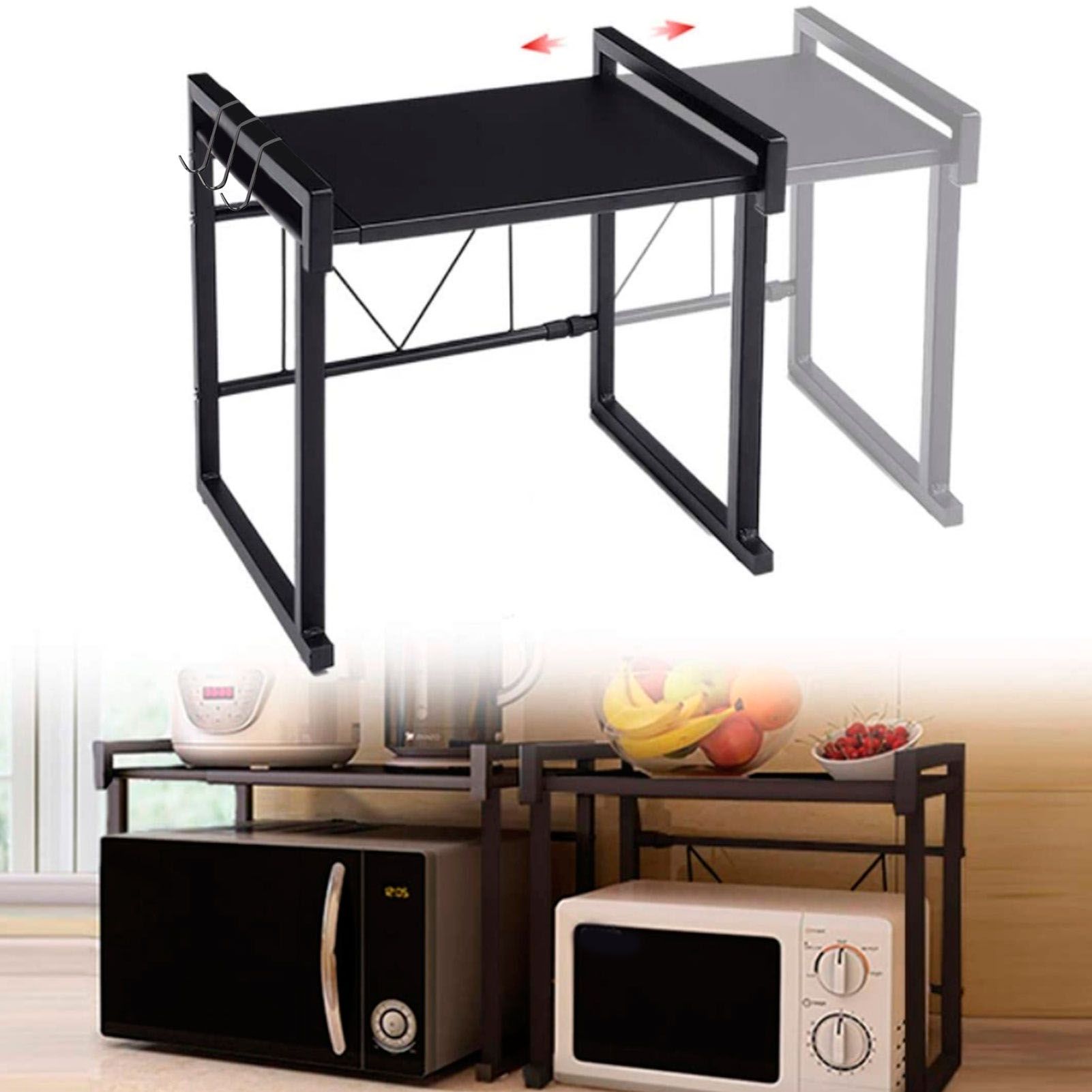 Black Telescopic Microwave Oven Rack Kitchen Storage Shelf Multifunctional view 9