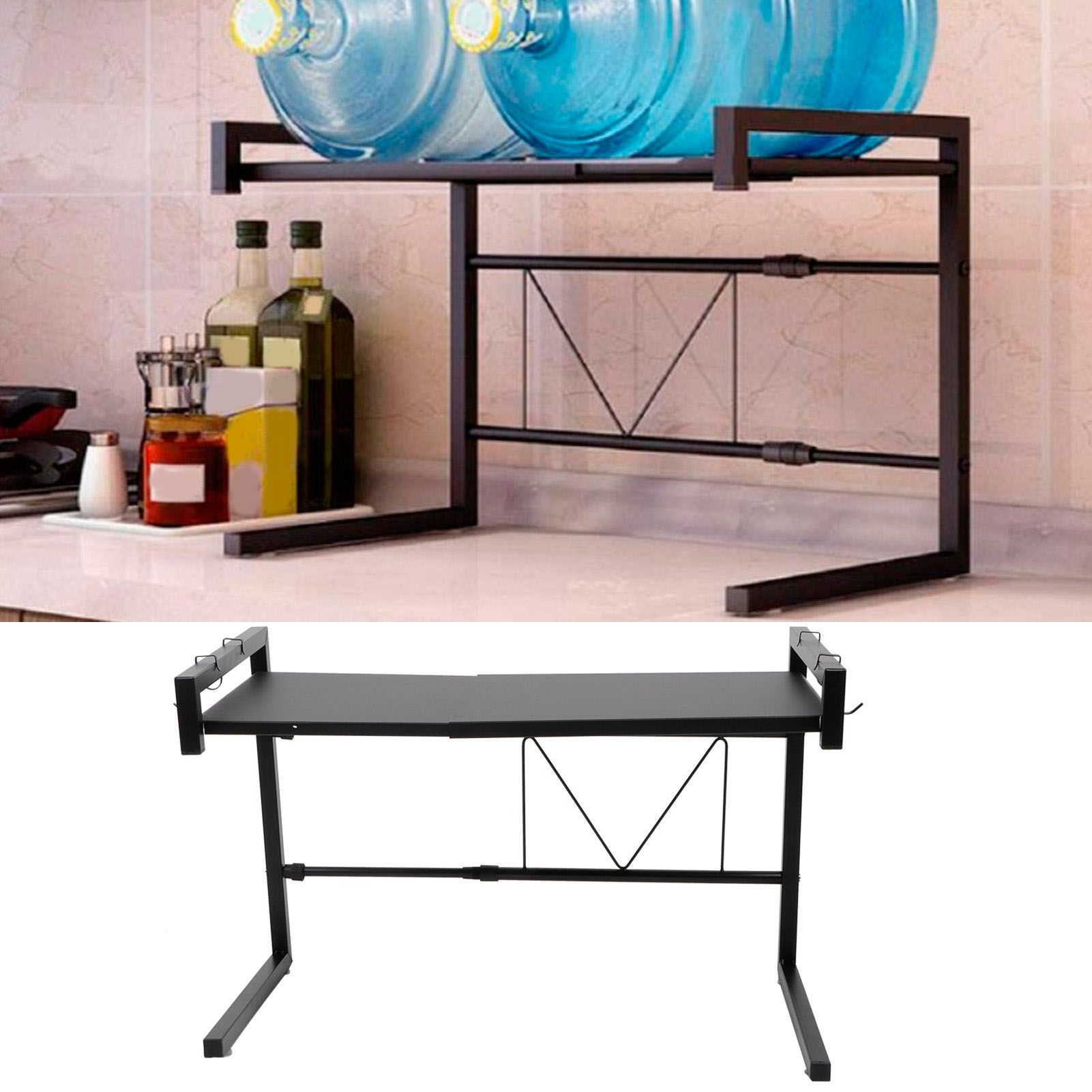 Black Telescopic Microwave Oven Rack Kitchen Storage Shelf Multifunctional view 10