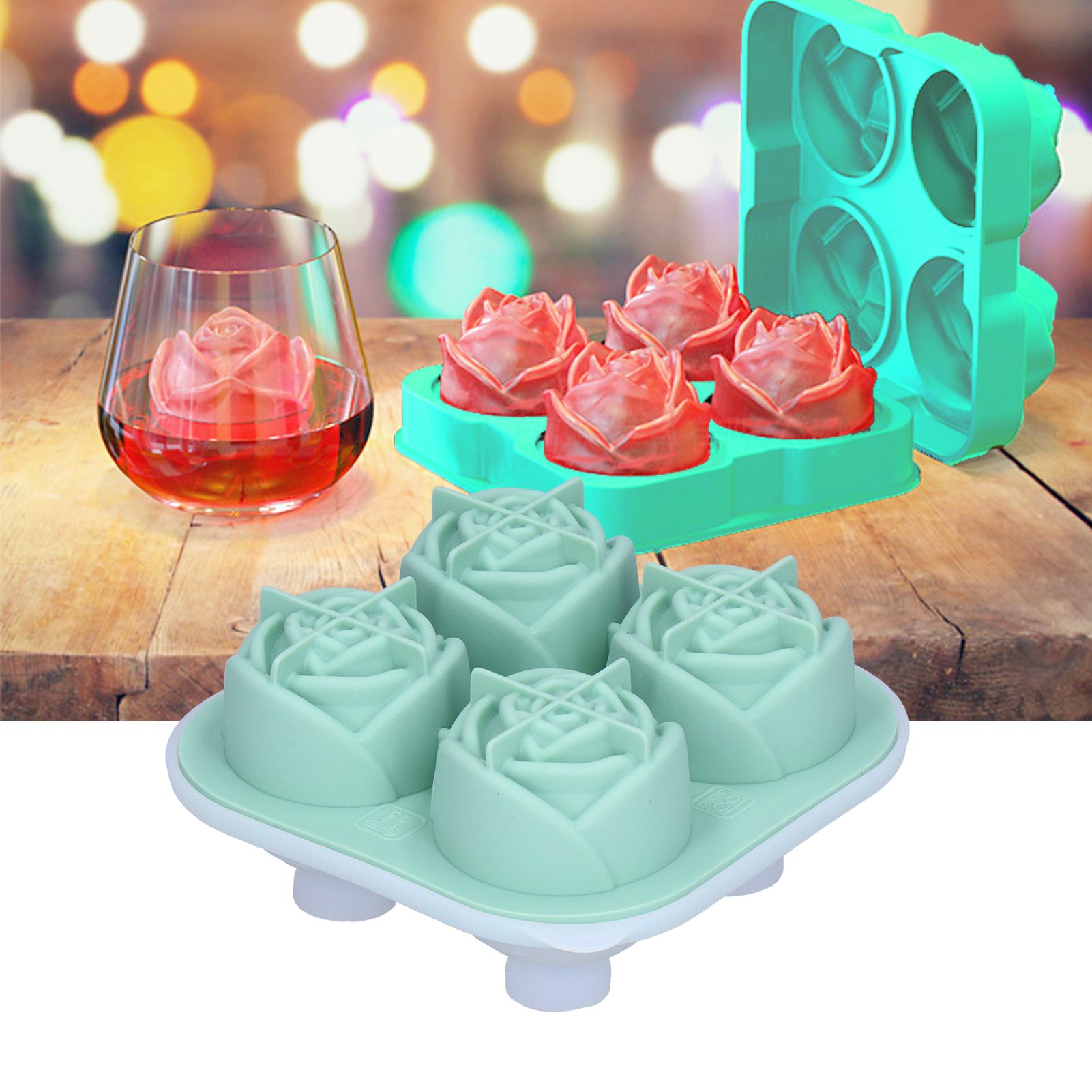 4‑Grid Rose Shape Ice Mold Silicone Ice Cube Mold Tray Container for Home Bar view 12