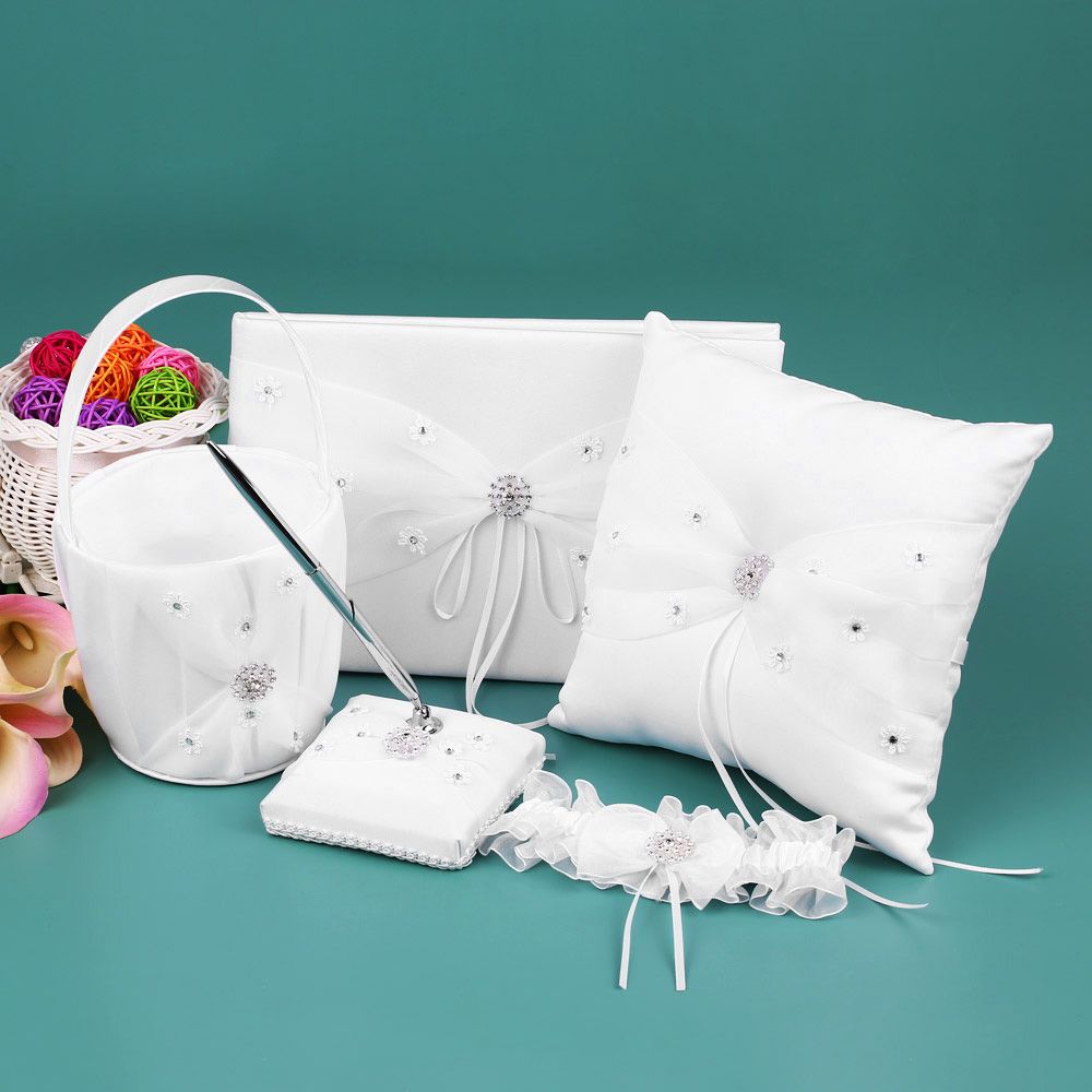 5pcs/set White Wedding Supplies Satin Flower Girl Basket + Ring Bearer Pillow view 2