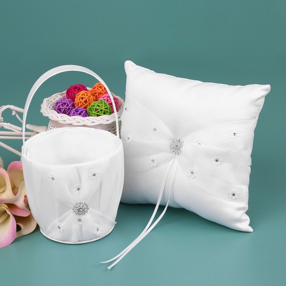 7 * 7 inches White Satin Rhinestone Decorated Ring Bearer Pillow and Wedding view 3