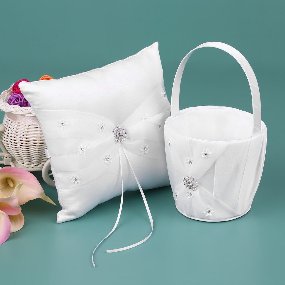 7 * 7 inches White Satin Rhinestone Decorated Ring Bearer Pillow and Wedding view 4