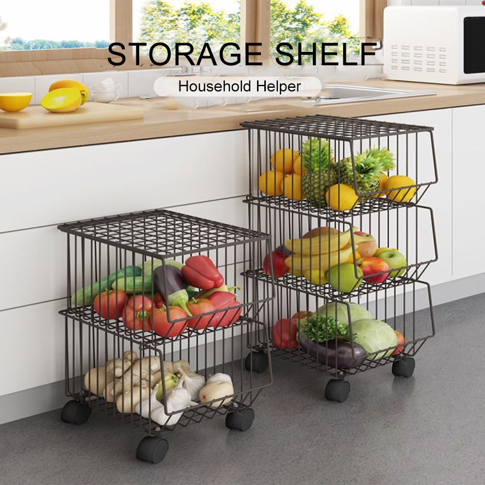 Movable Iron Storage Shelf 2 Layer Tier Drying Mesh Basket Metal Rack with