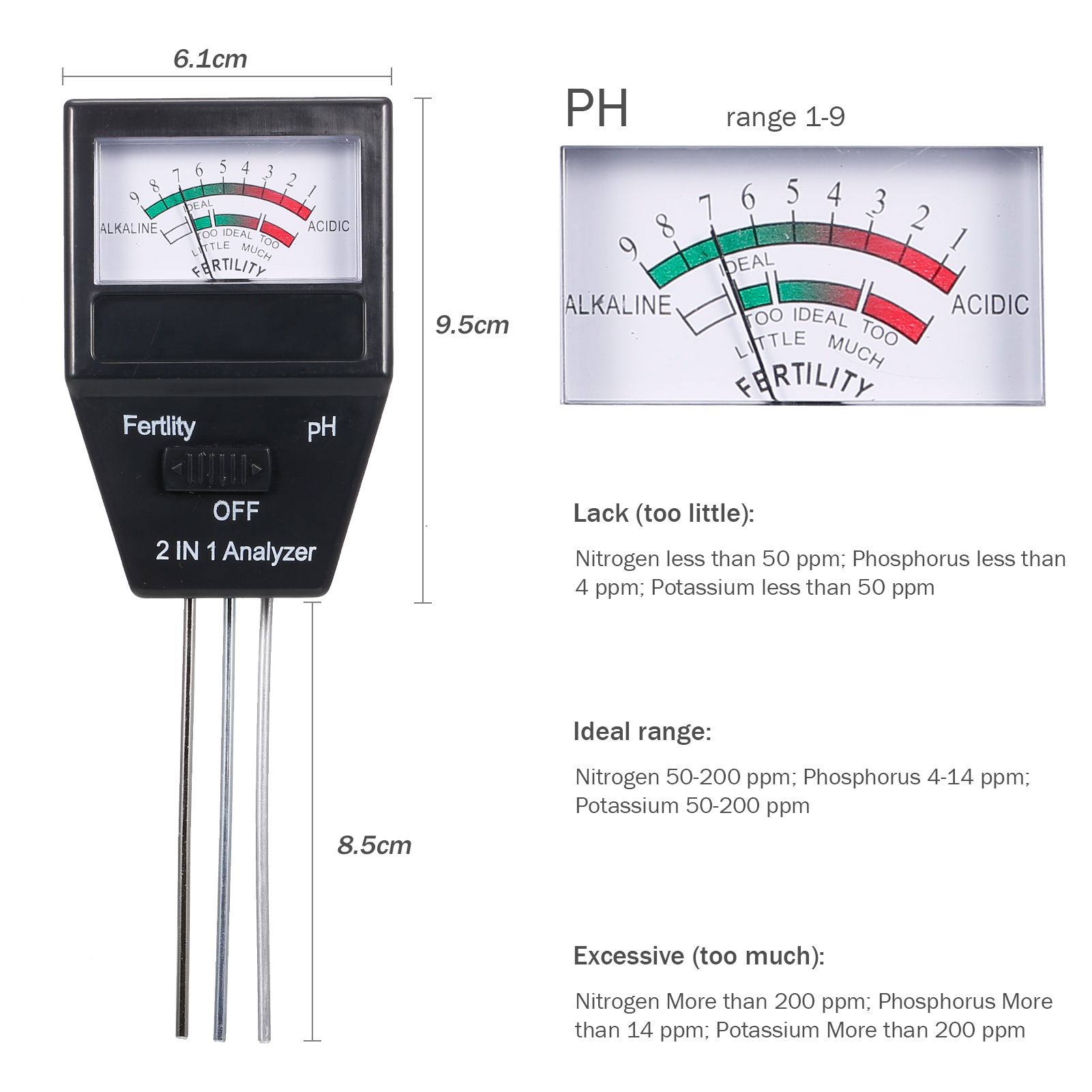 2-in-1 Soil pH Meter Fertility Tester pH Tester Soil Tester for Garden Farm