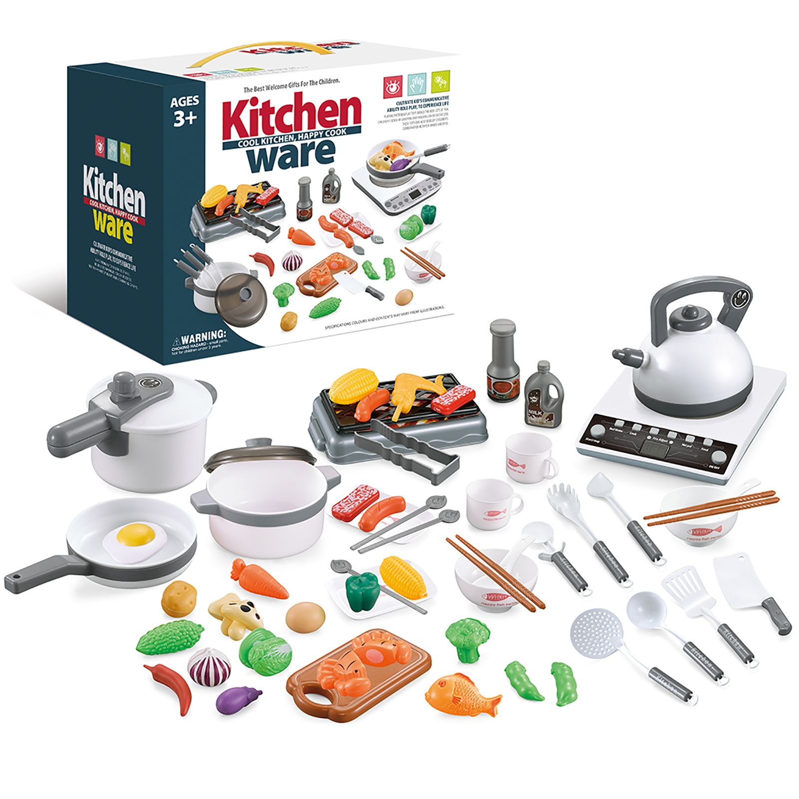 52PCS Kitchen Play Kids Pretend Playset with Cookware Pots and Pans Set Play view 2