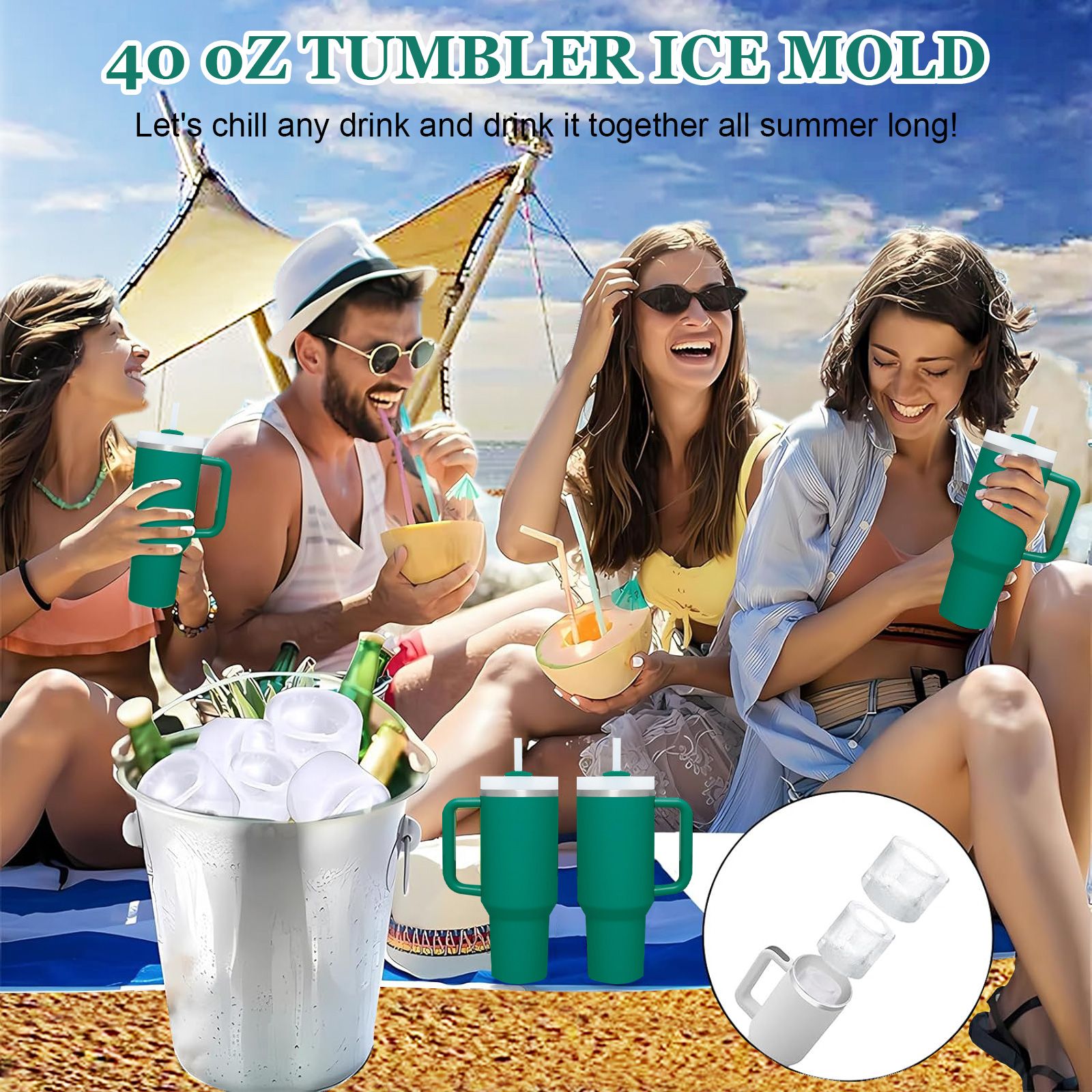 Reusable Silicone Ice Cube Tray with Lid and Bin for 40oz Tumbler Cup 3Pcs view 2