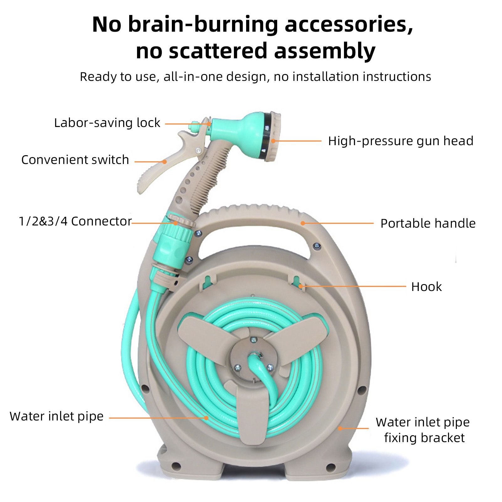 Retractable Garden Hose Reel with 6-in-1 Sprayer Nozzle 49Ft Hose Portable view 5