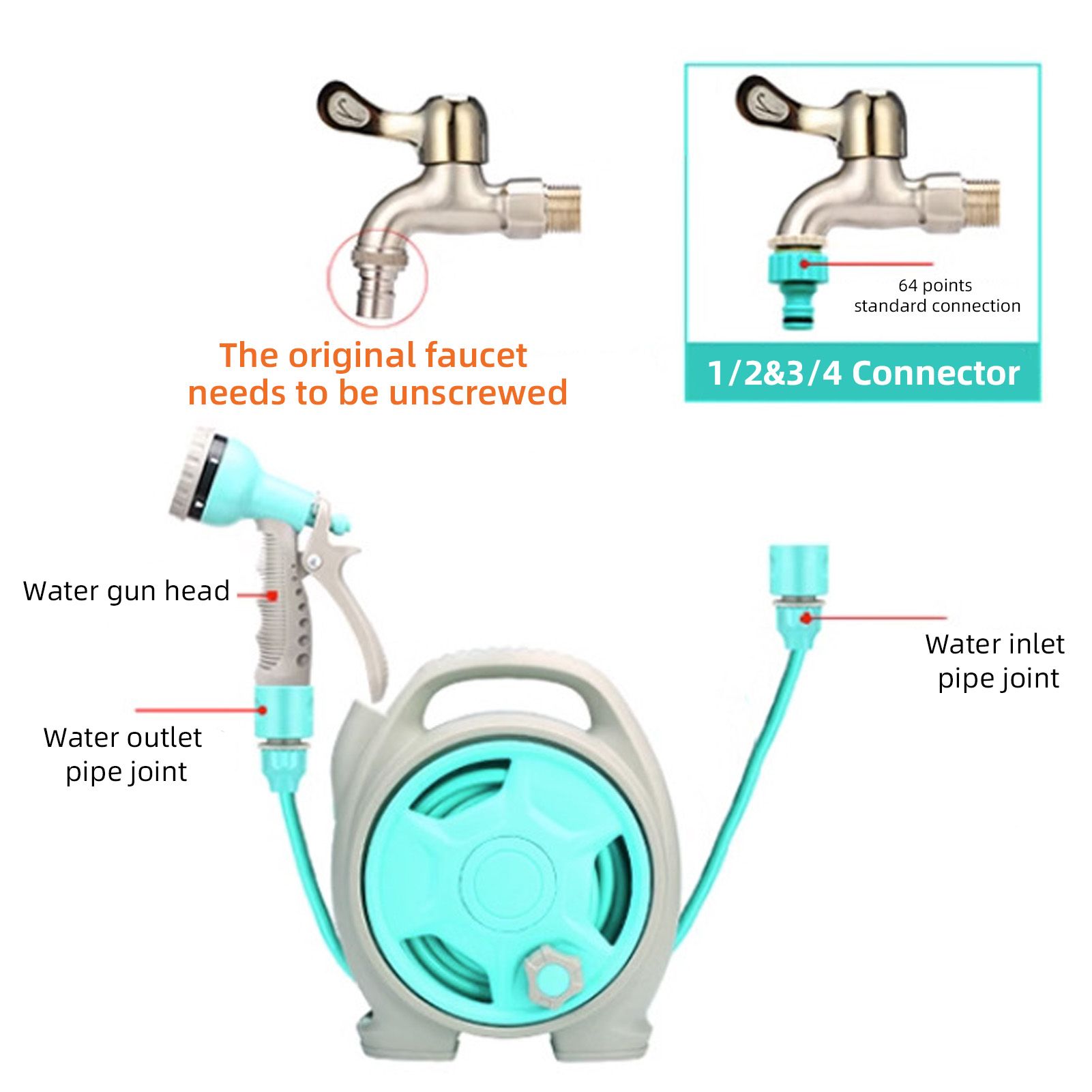 Retractable Garden Hose Reel with 6-in-1 Sprayer Nozzle 49Ft Hose Portable view 8