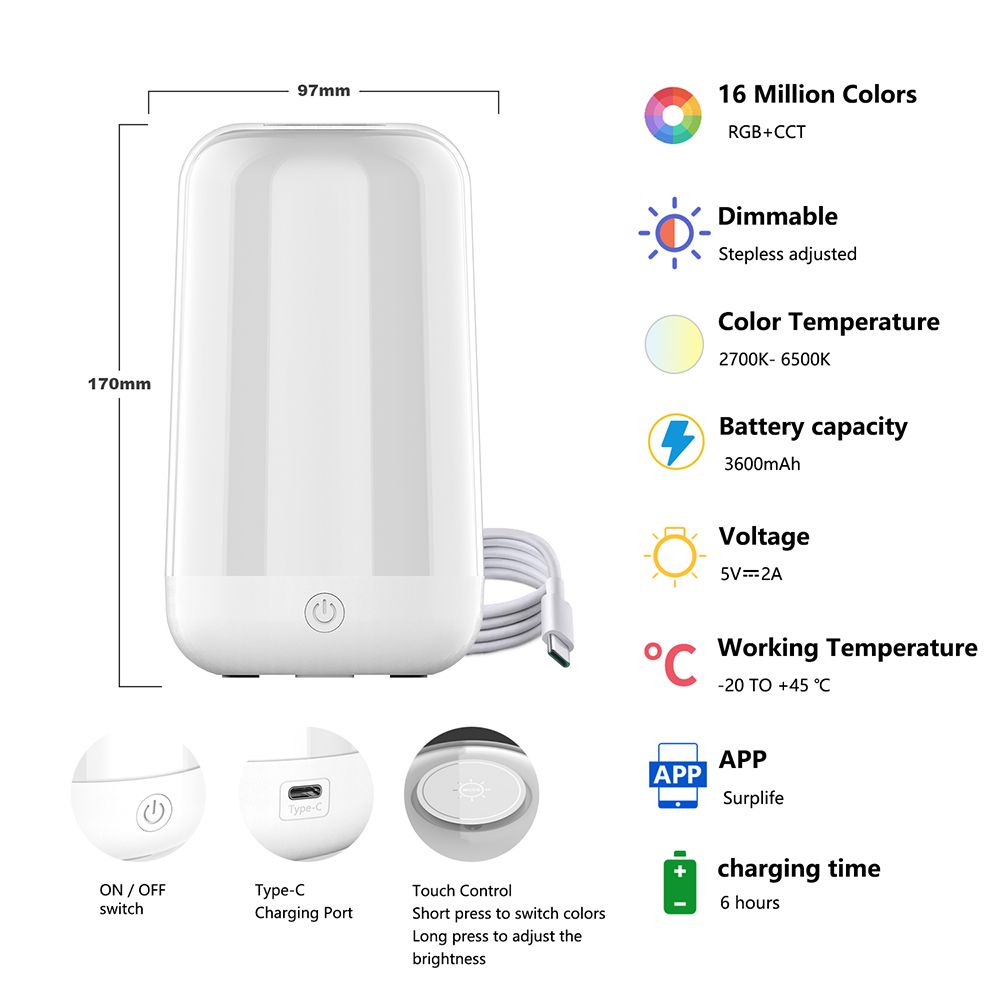 LED Night Light 7 Color Changing Smart Touch Control Bedside Table Lamp BT view 9
