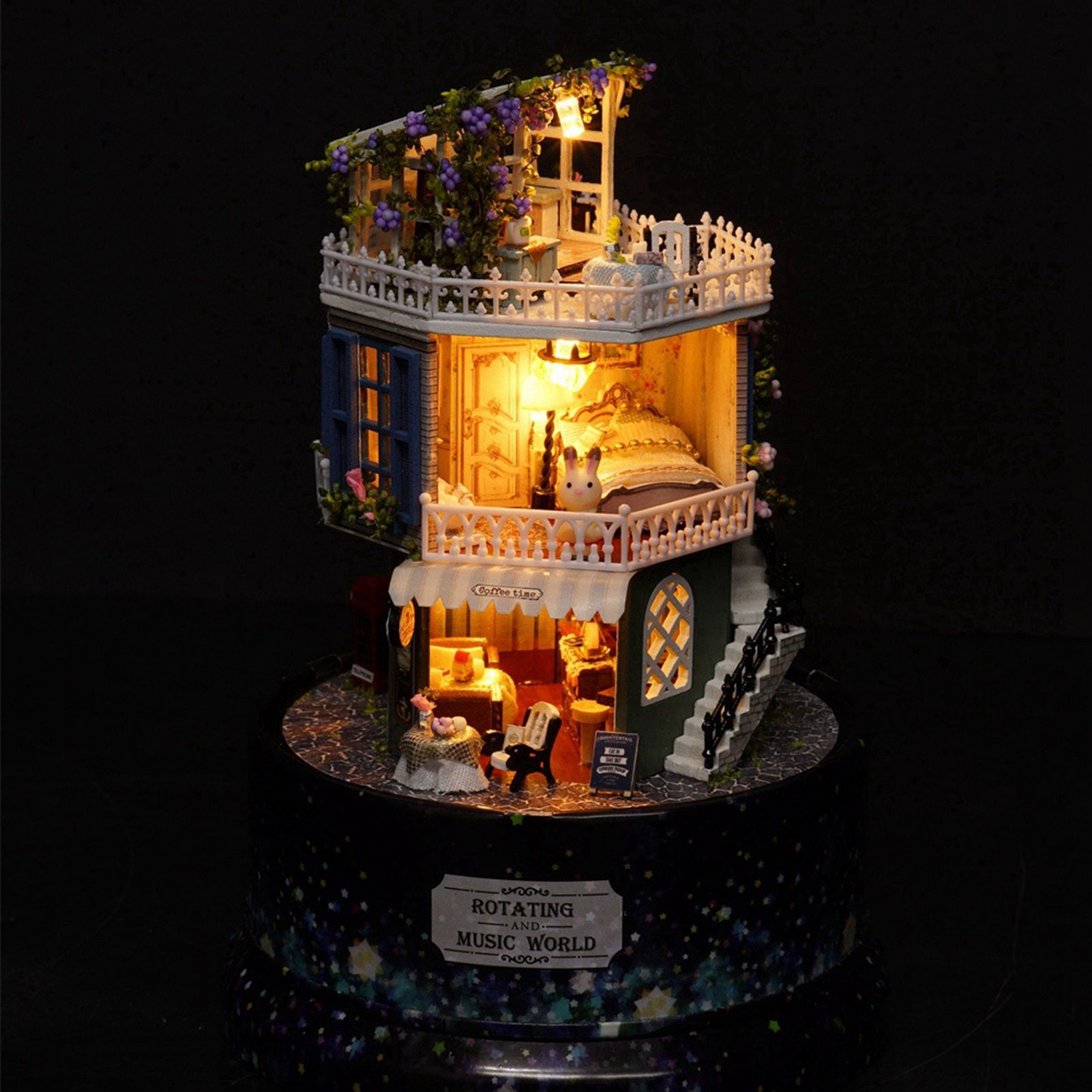 Creative DIY Dollhouse Dream House Miniature with Rotate Music Box Dust Cover