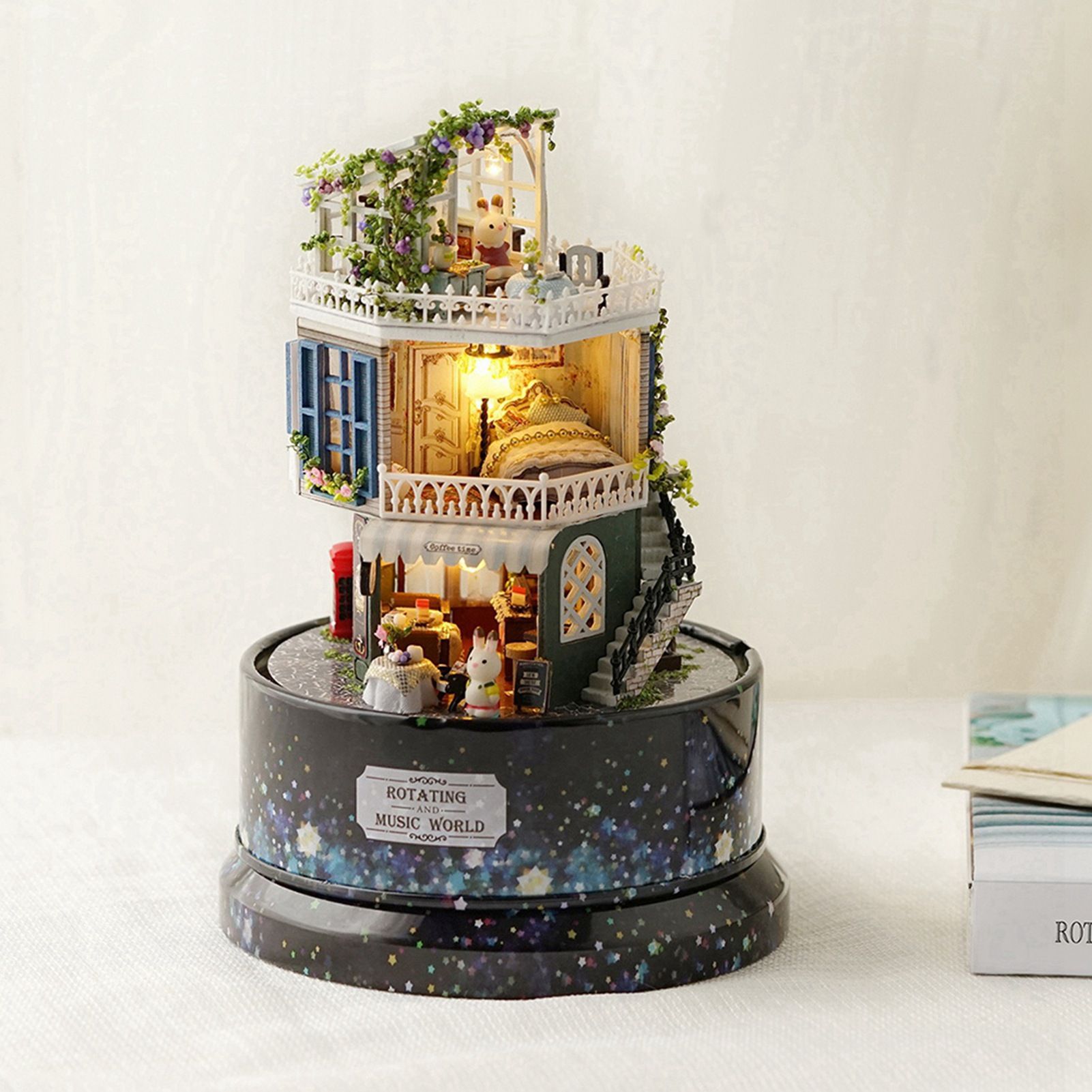 Creative DIY Dollhouse Dream House Miniature with Rotate Music Box Dust Cover view 5