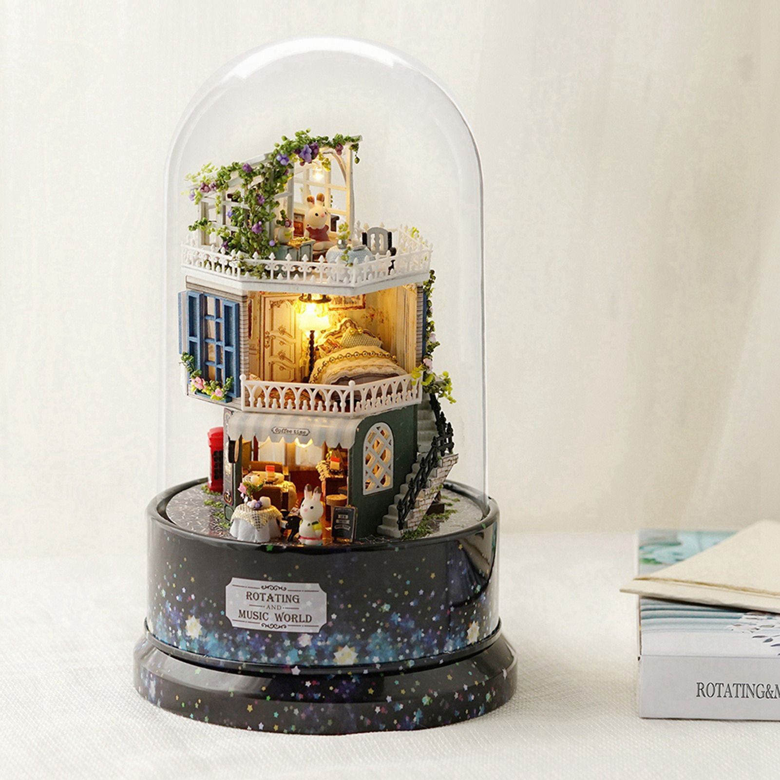Creative DIY Dollhouse Dream House Miniature with Rotate Music Box Dust Cover view 6