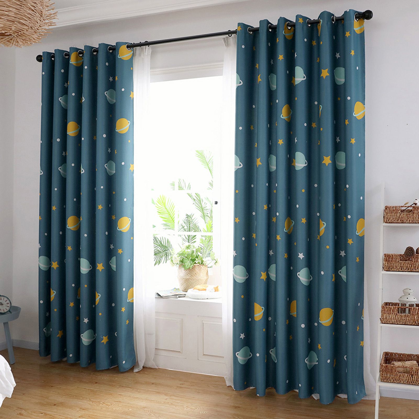Cartoon Blue Planets Polyester Curtains Lightproof Curtain Bedroom Living Room view 5