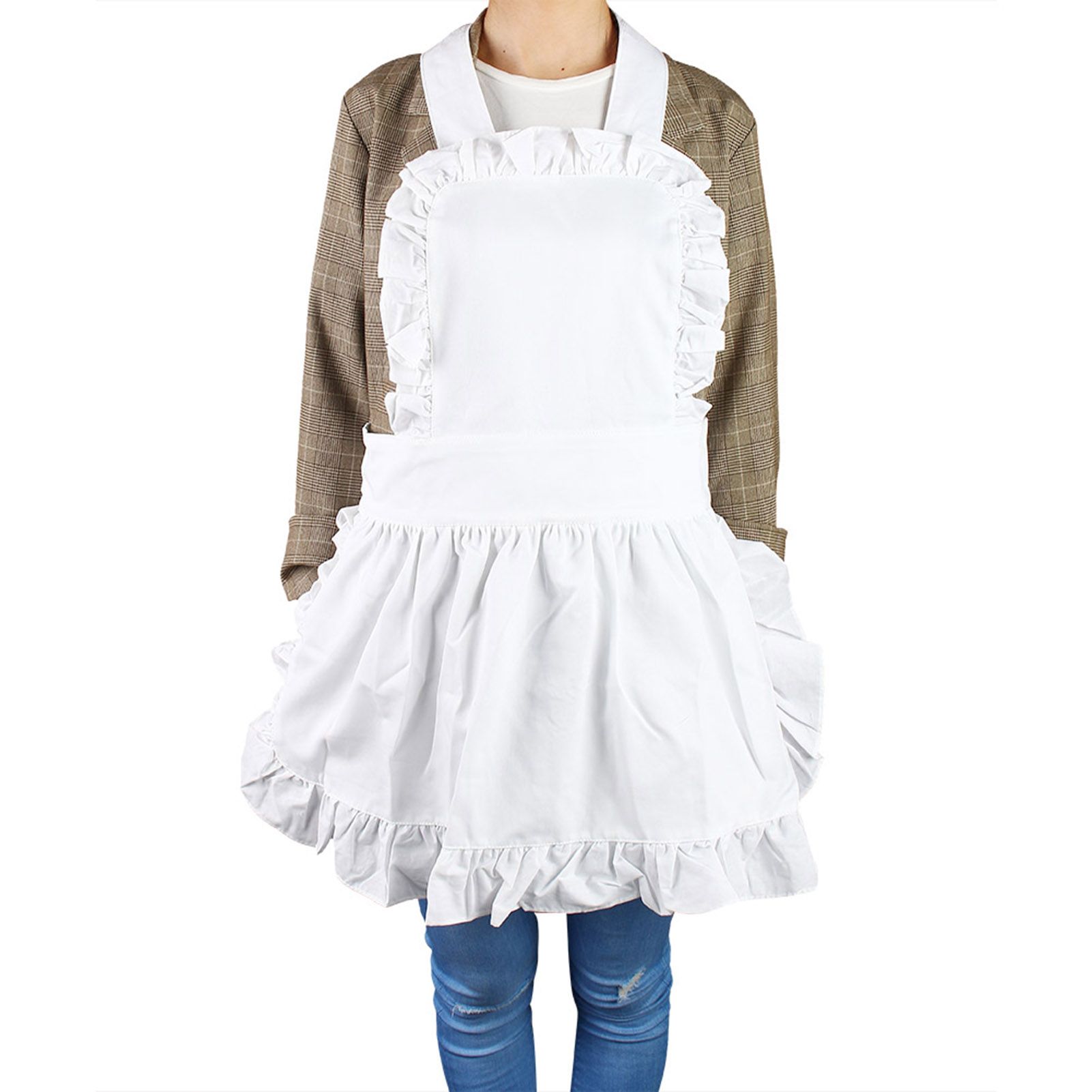 White Cotton Women Maid Apron Ruffle Hem Kitchen Solid Color Apron view 5