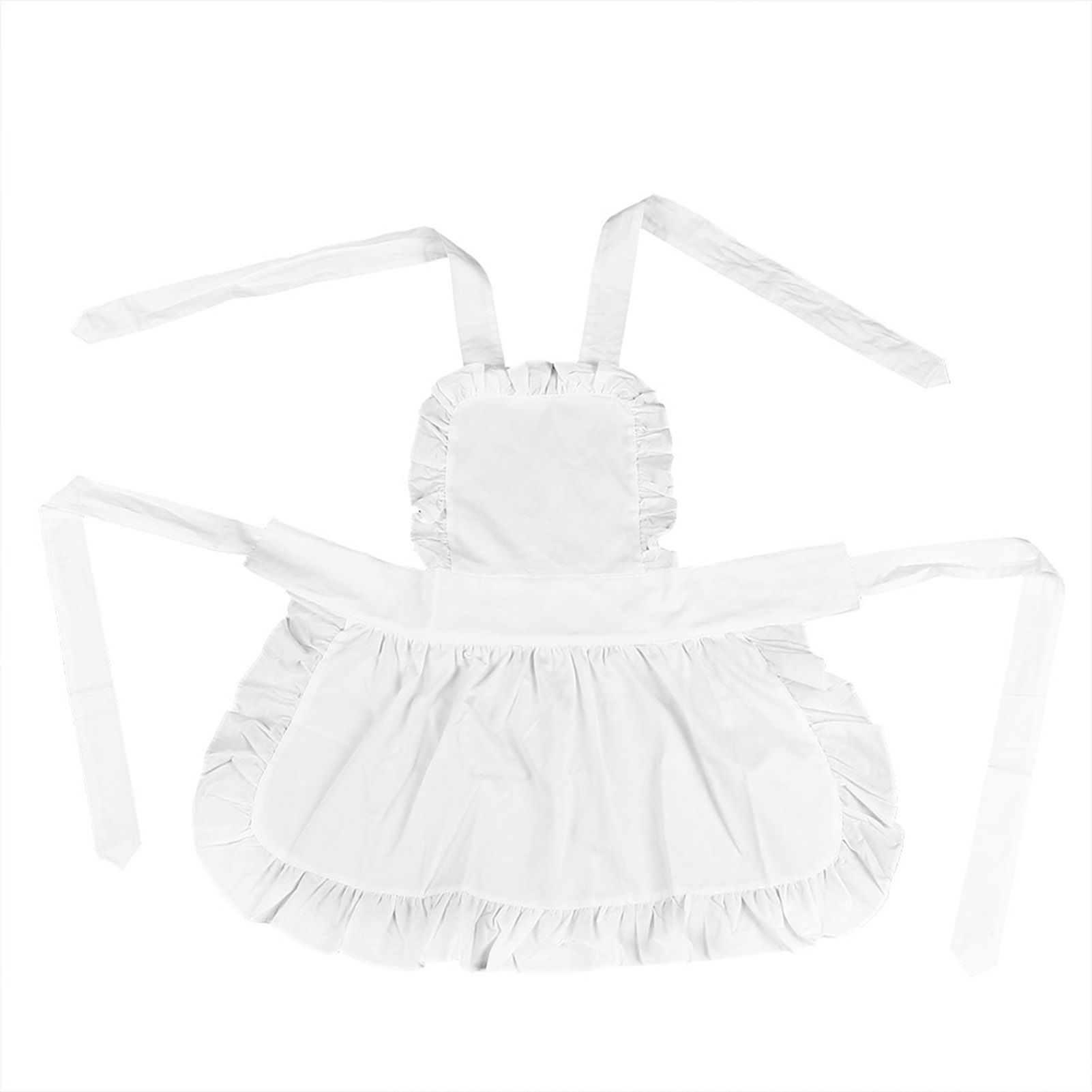 White Cotton Women Maid Apron Ruffle Hem Kitchen Solid Color Apron view 11