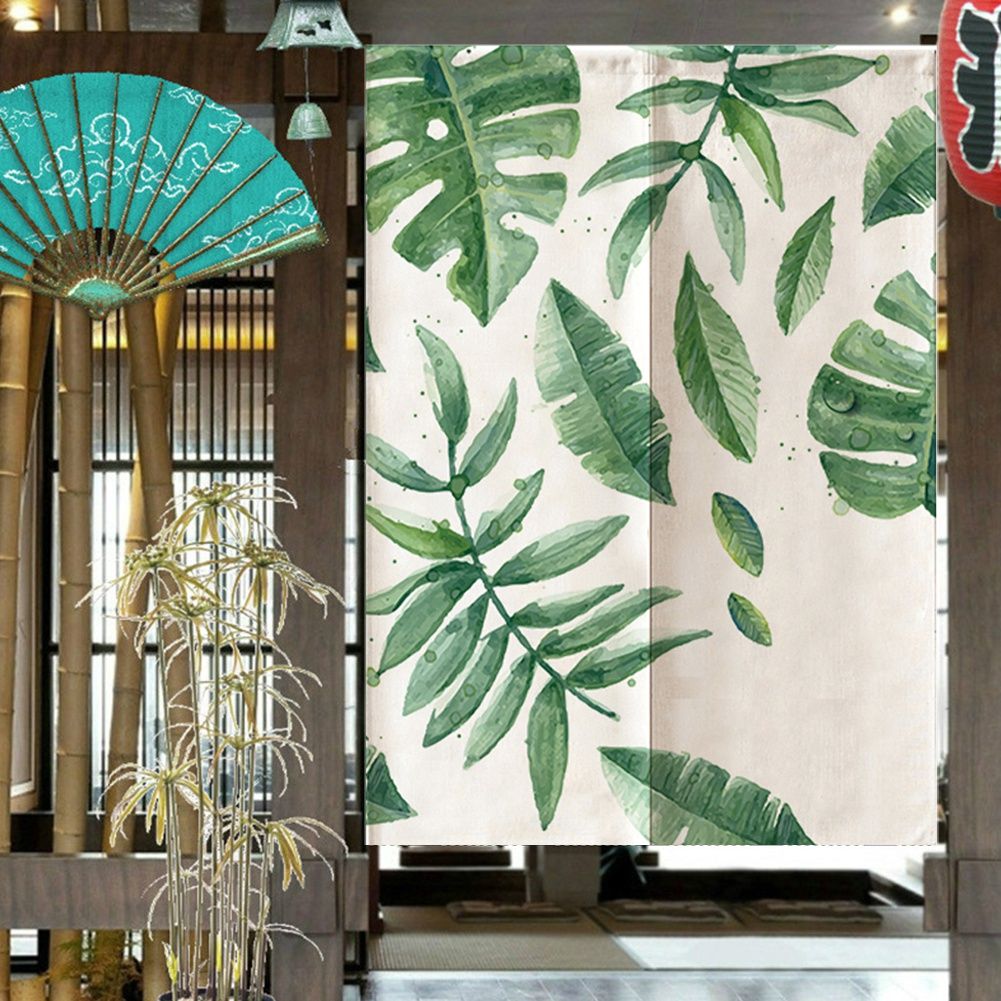 Japanese Style Green Leaves Printed Kids Doorway Curtain Bedroom Divider view 3