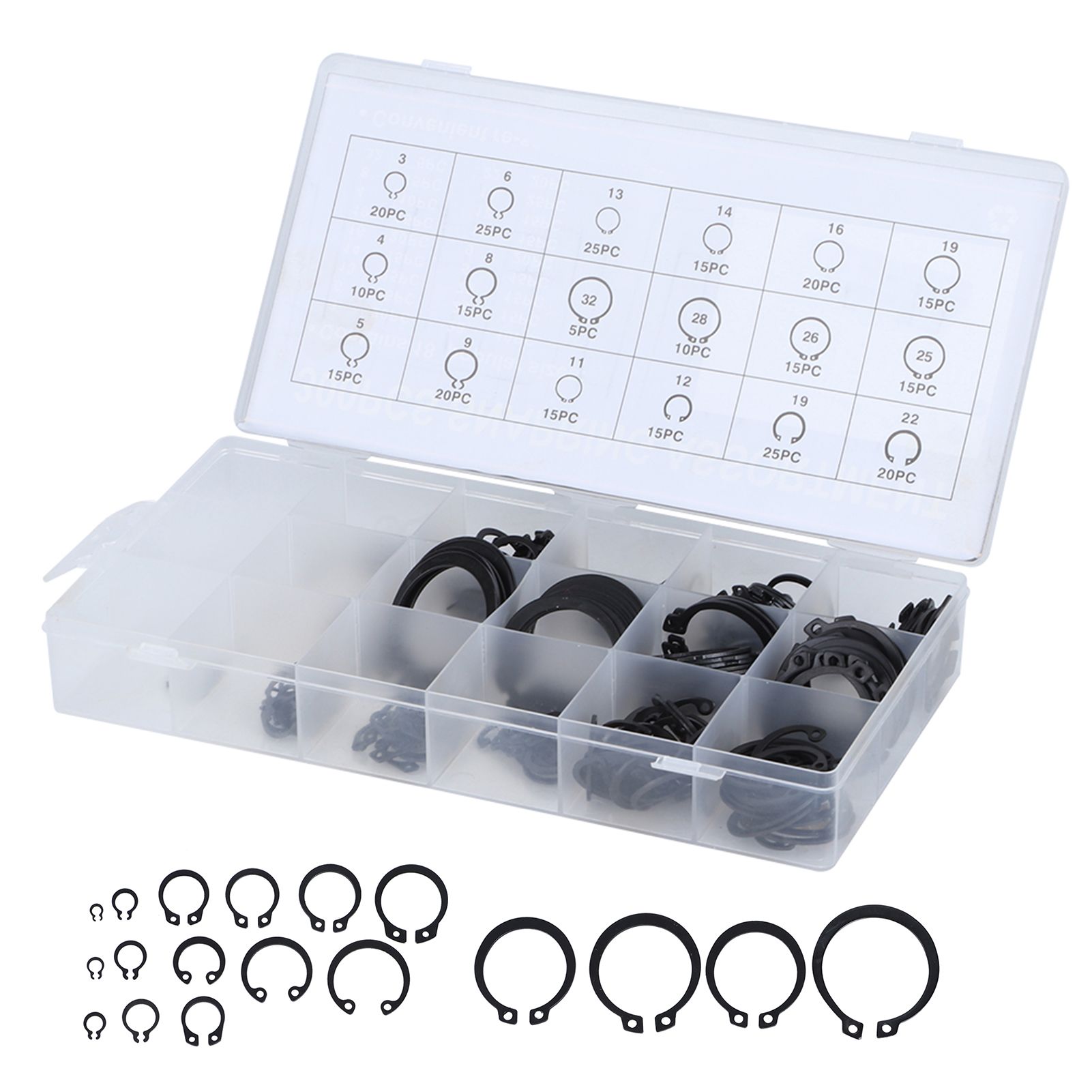 300Pcs 2-32mm E Clip Snap Circlip Kit External Retaining Ring Assortment Set view 2