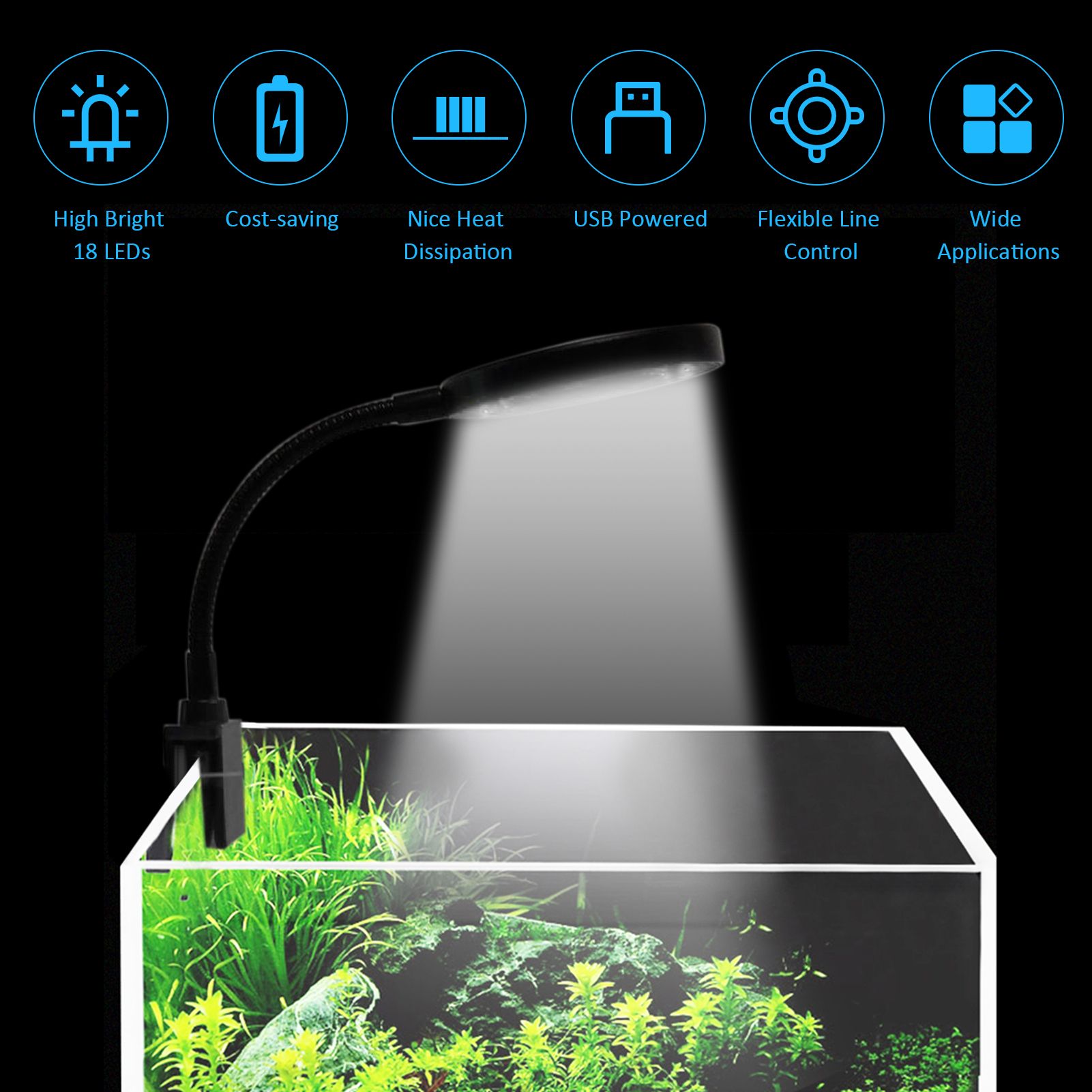 D C 5V 7W 18 LED Aquarium Light Fish Jar Clamp Clip View Lamp USB Powered
