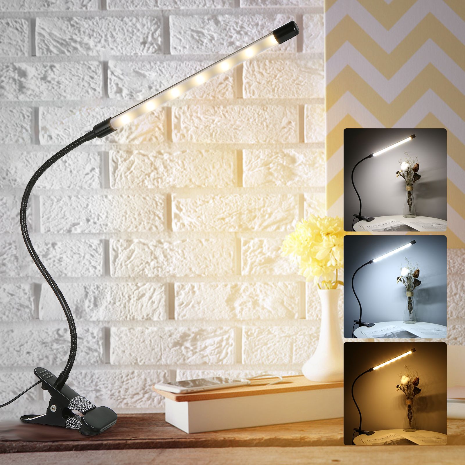 LEDs Clip-on Desk Lamp Dimmable Reading Light 3 Lighting Modes & 10 Brightness