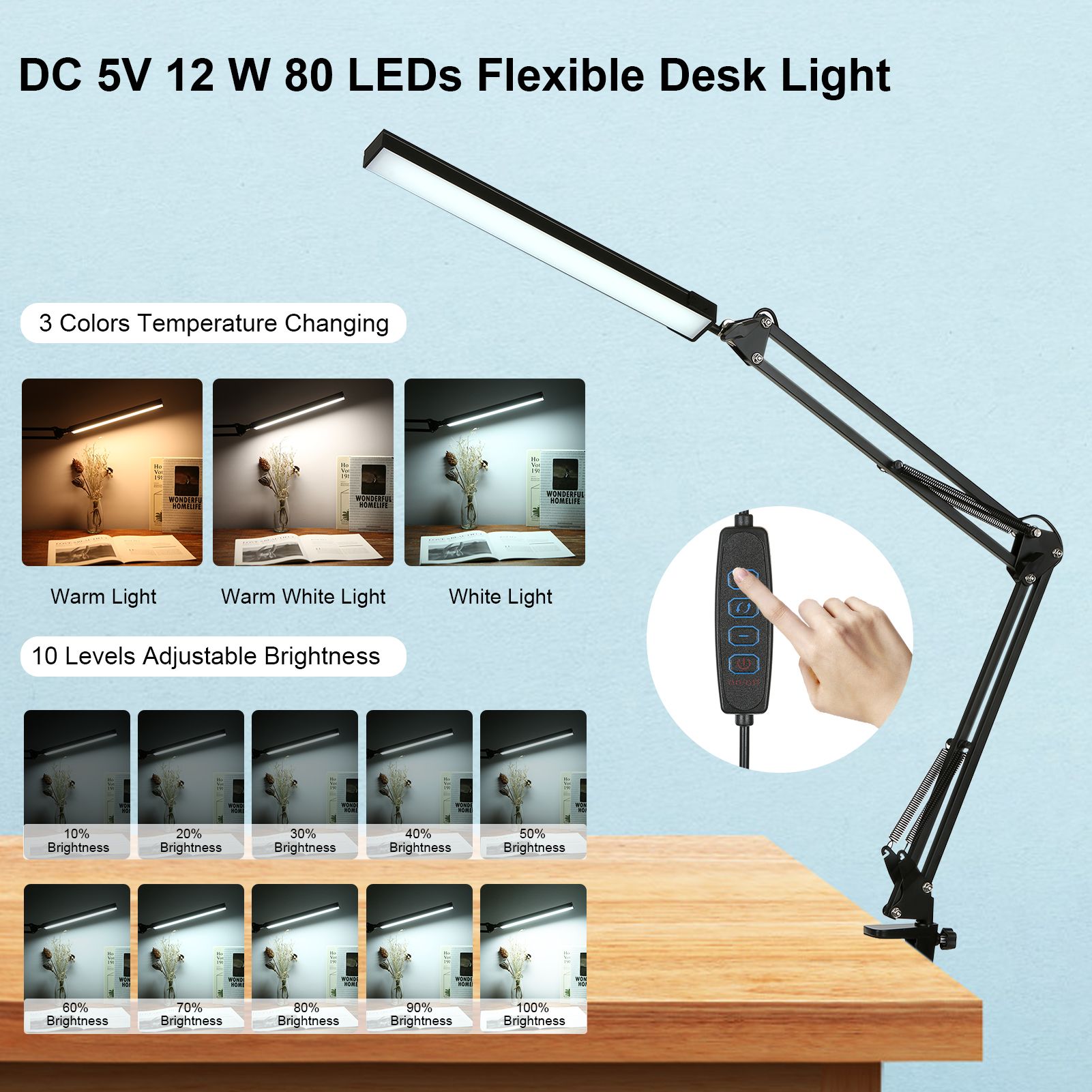 D C 5 V 12 W 80 LEDs Desk Light Table Lamp USB Powered Operated 10 Levels