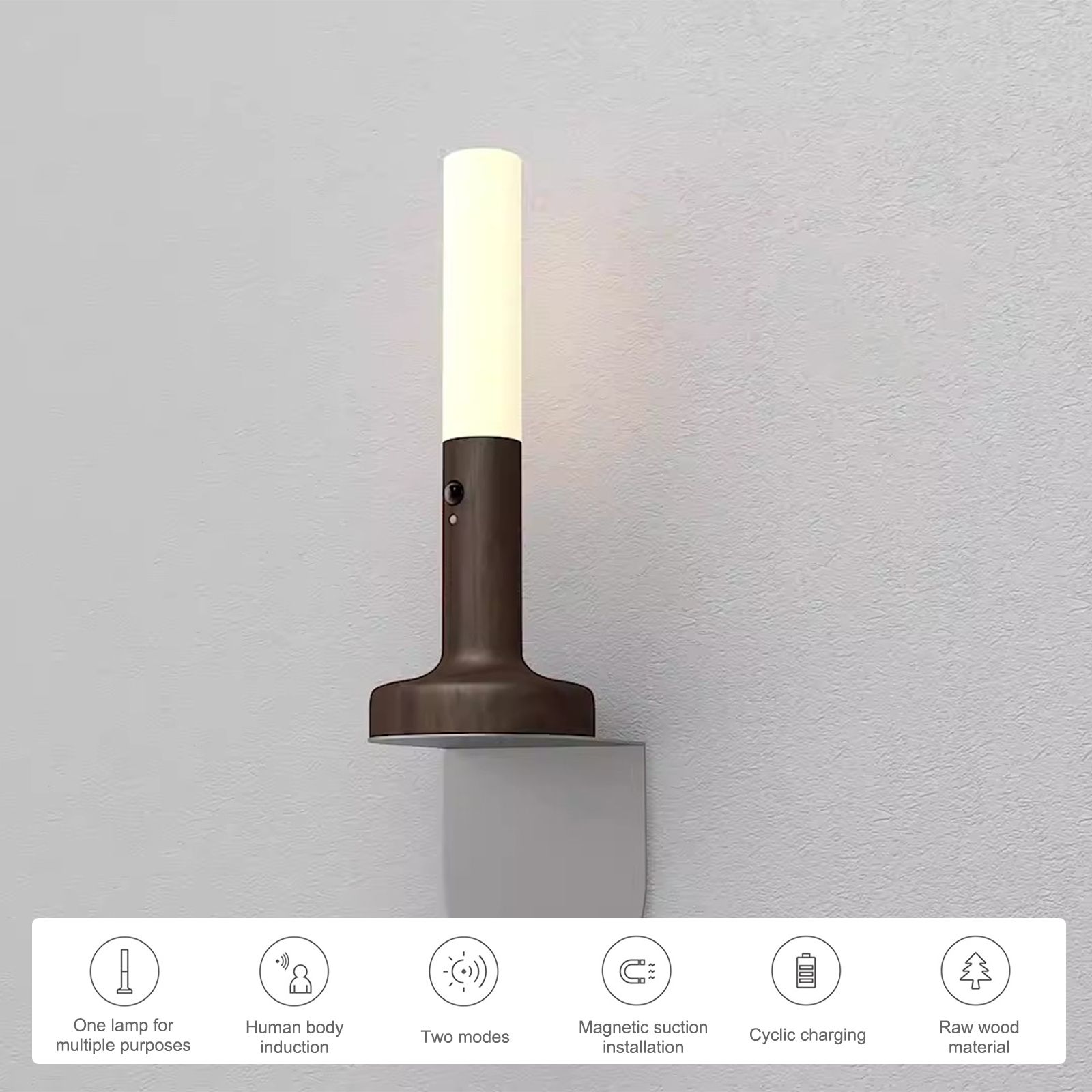 Smart Motion Sensor Night Light Solid Wood Table Lamp Wall Lamp Rechargeable view 3