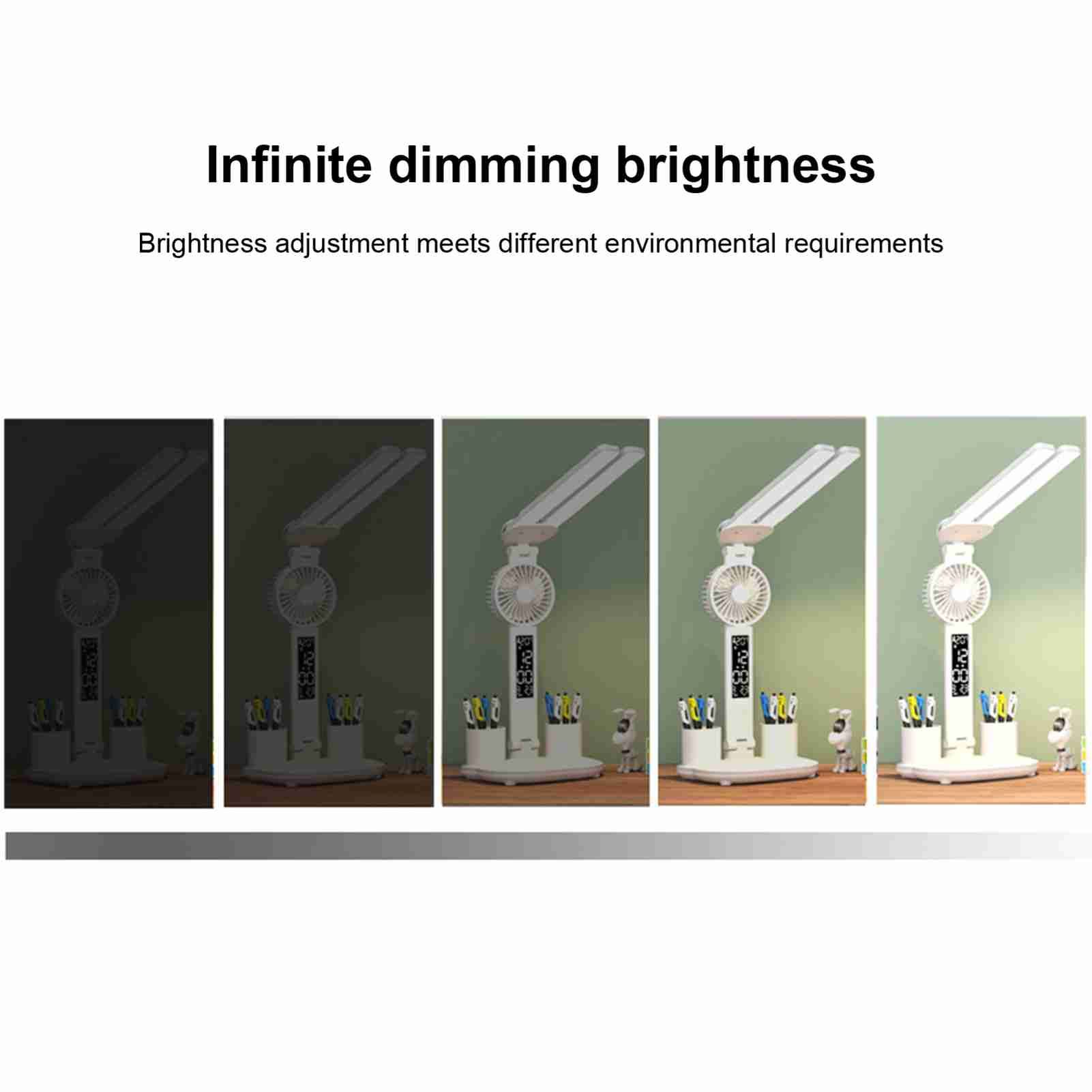 Dual-Head Study Lamp with Fan LED Desk Lamp with Clock and Pen Holders Touch view 10
