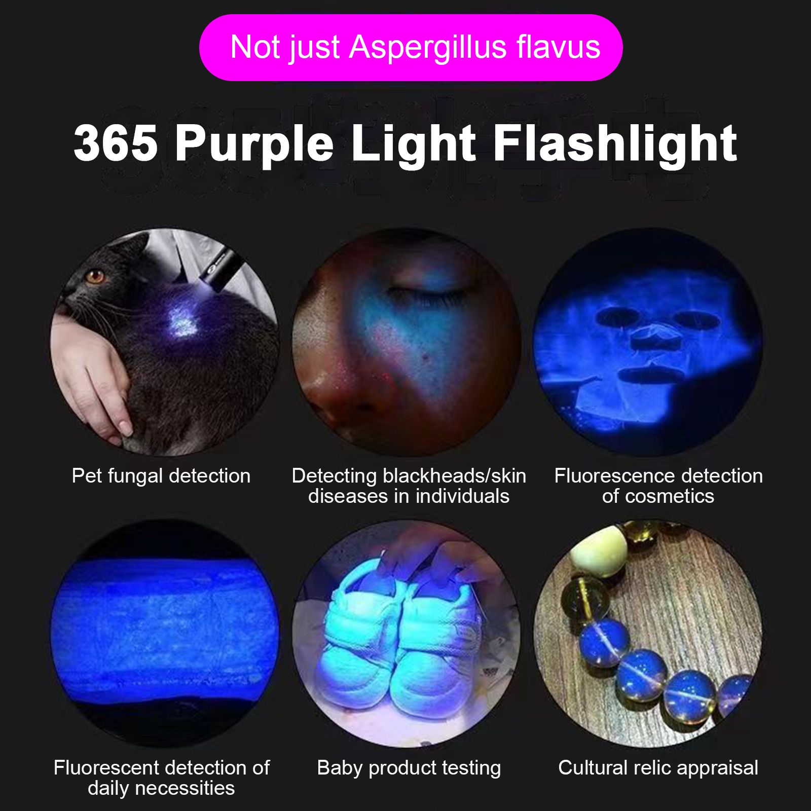 365nm UV Flashlight Pet Fungus Detection Lamp Portable Rechargeable UV view 6