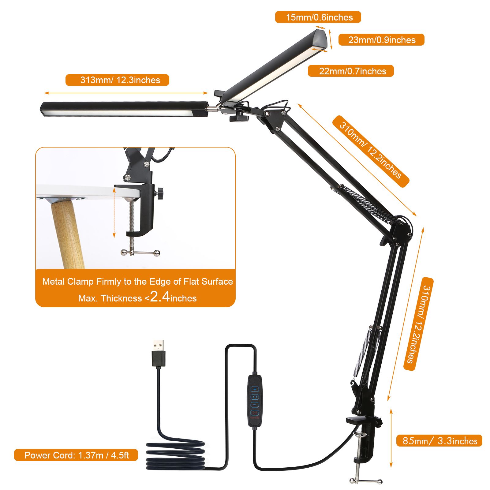 Neoglint D C5V 2A 24W 120LEDs Swing Arm Desk Lamp with Clamp Architect Table