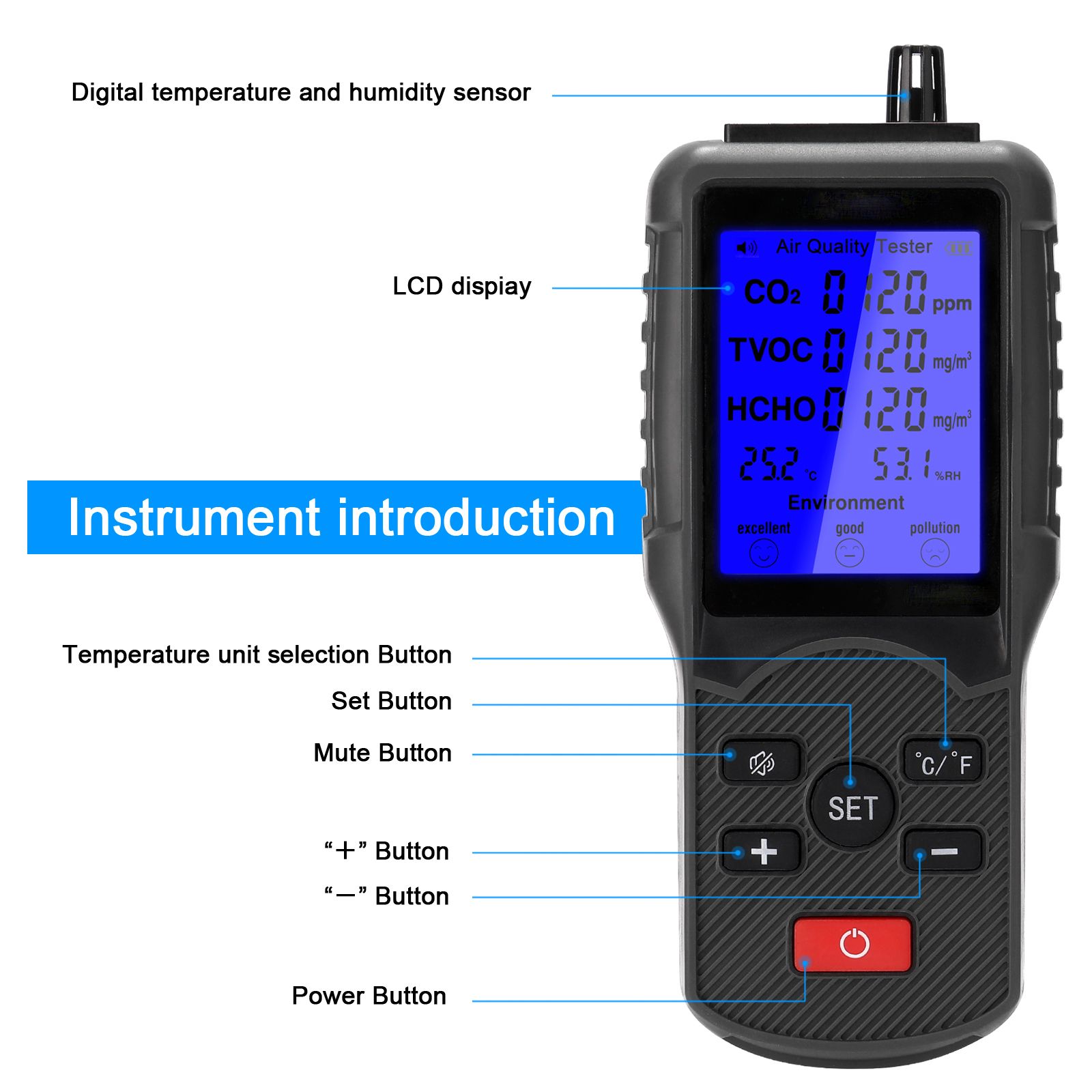 Multifunctional Air Quality Tester CO2 TVOC Meter Temperature Humidity