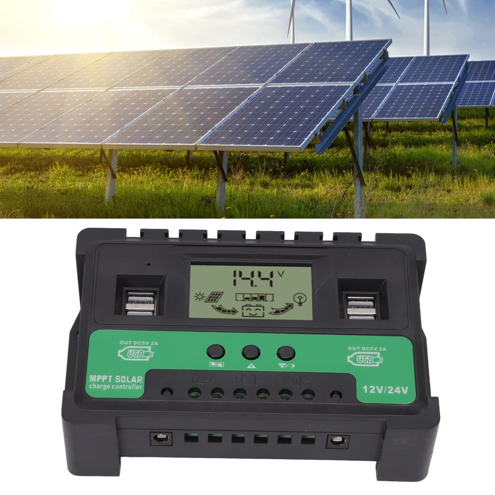Solar Controller 12V 24V Charge Discharge PV Regulator LCD Display Dual USB view 11