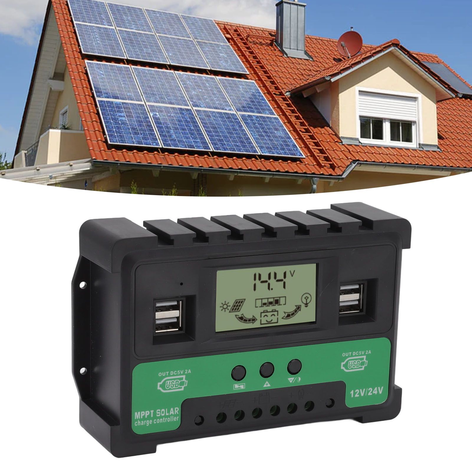 Solar Controller 12V 24V Charge Discharge PV Regulator LCD Display Dual USB view 12