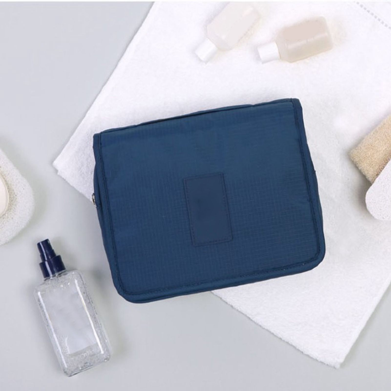Hanging Toiletry Bag Cosmetic Bag Foldable Makeup Bag with Hook and Tote Navy view 9