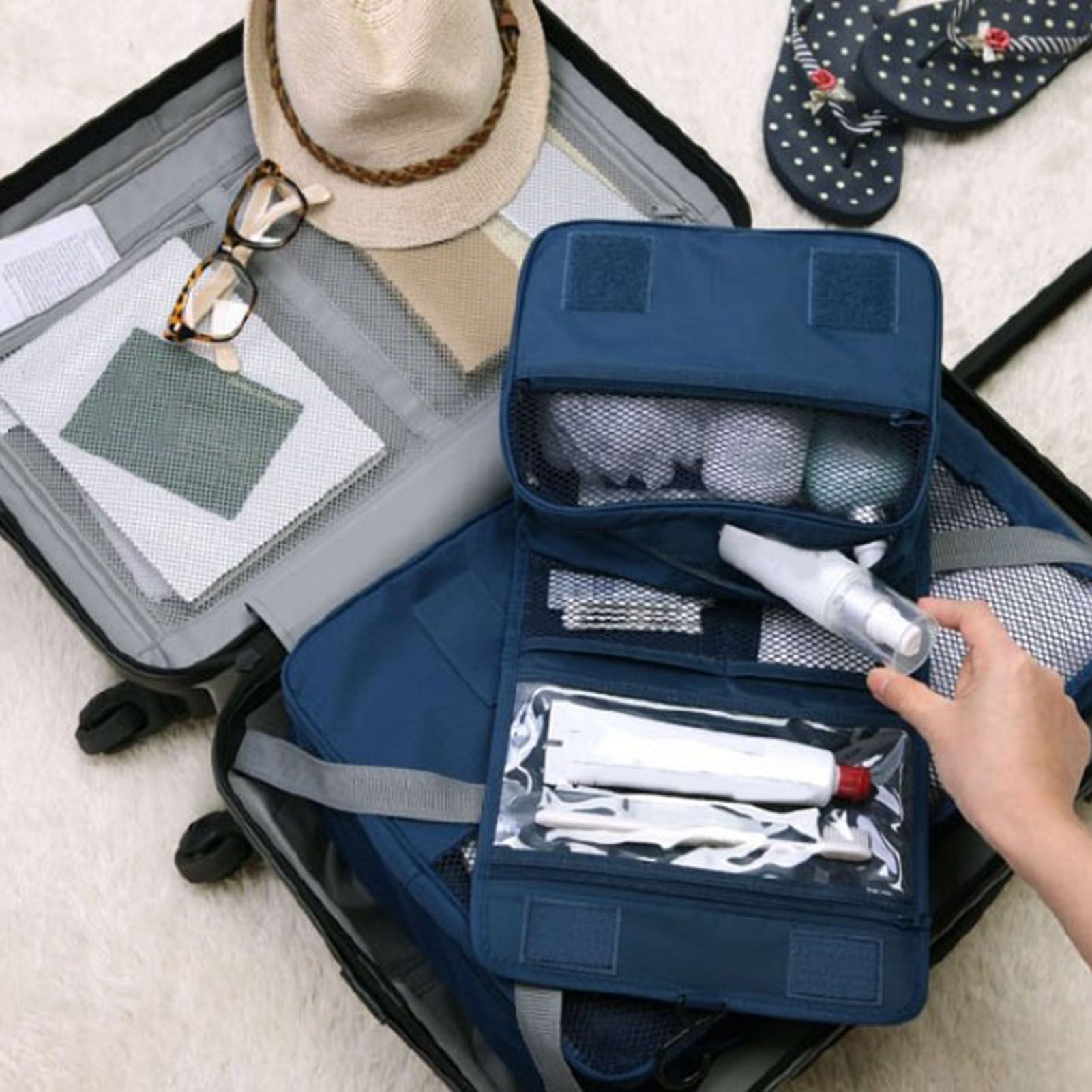 Hanging Toiletry Bag Cosmetic Bag Foldable Makeup Bag with Hook and Tote Navy view 13