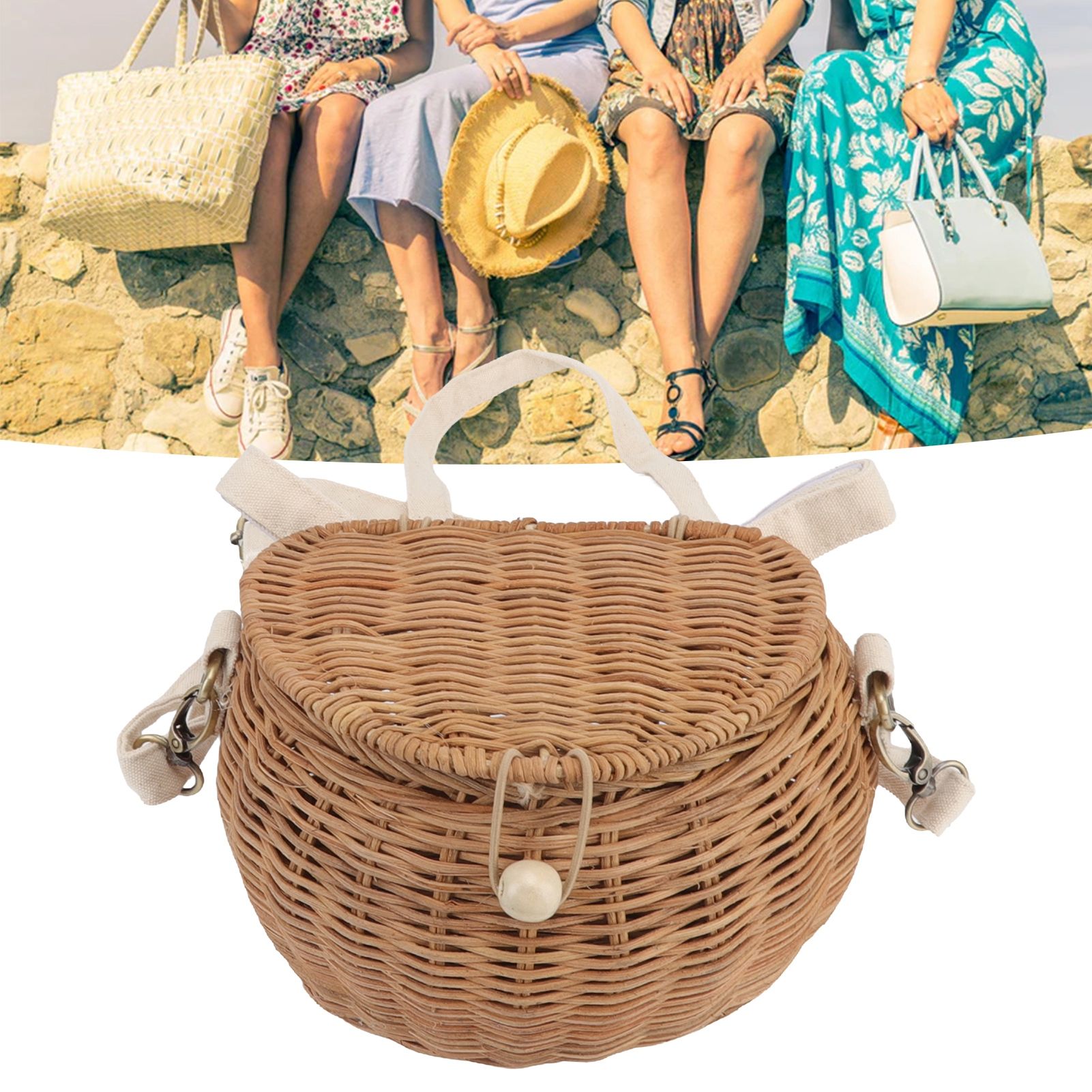 Round Rattan Bag Natural Vintage Woven Shoulder Rattan Bag for Camping view 12