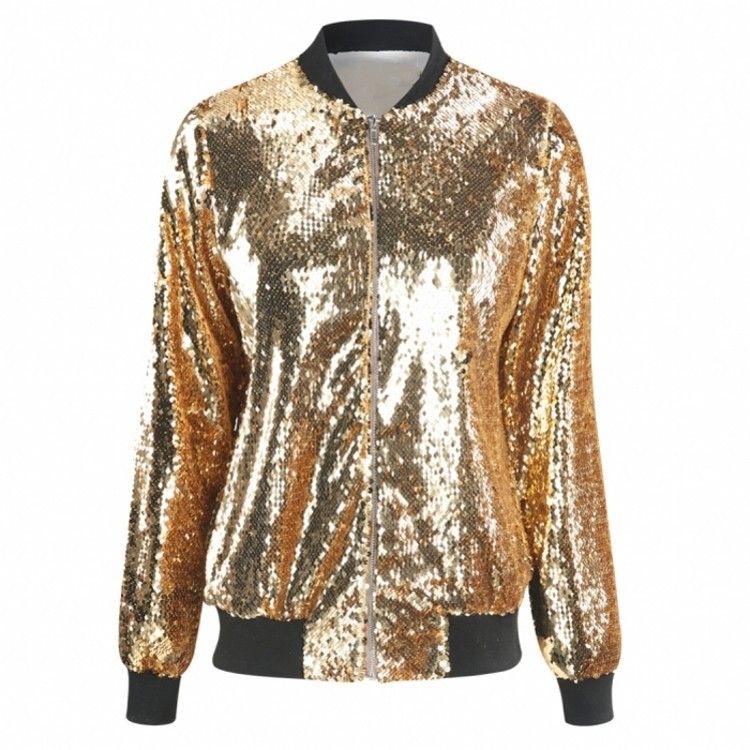 Women Sequin Baseball Jacket HANCY Loose Polyester Black M Long-term supply view 6